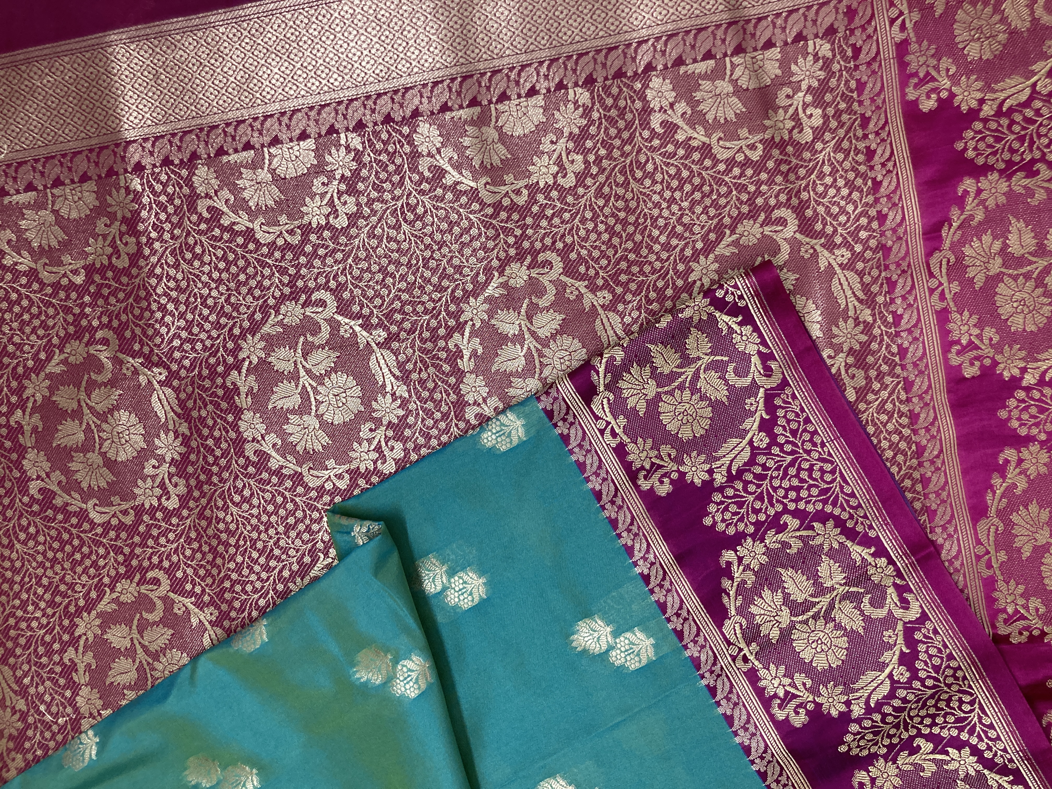 Turquoise & Pink Semi Katan Banarasi Silk Saree