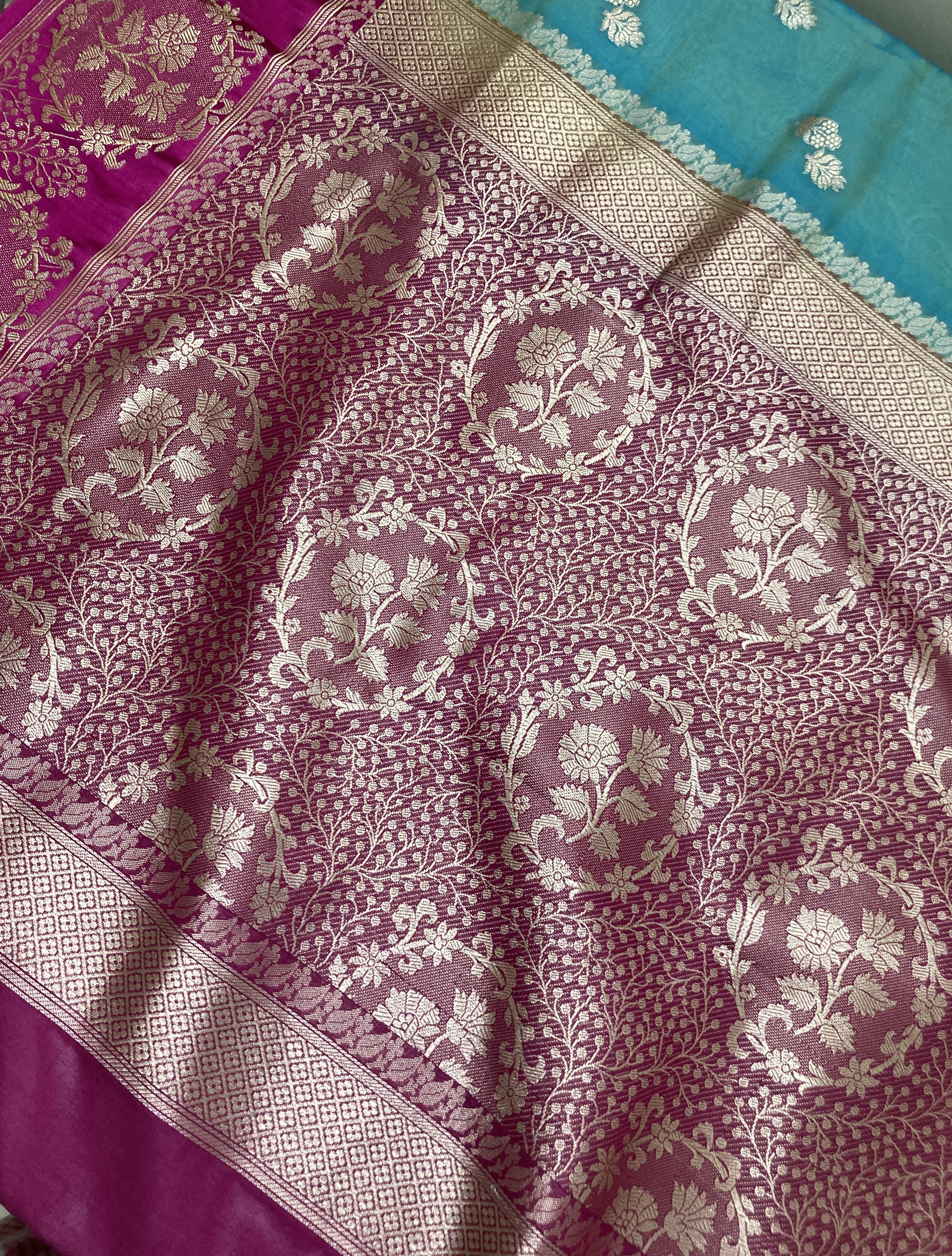 Turquoise & Pink Semi Katan Banarasi Silk Saree