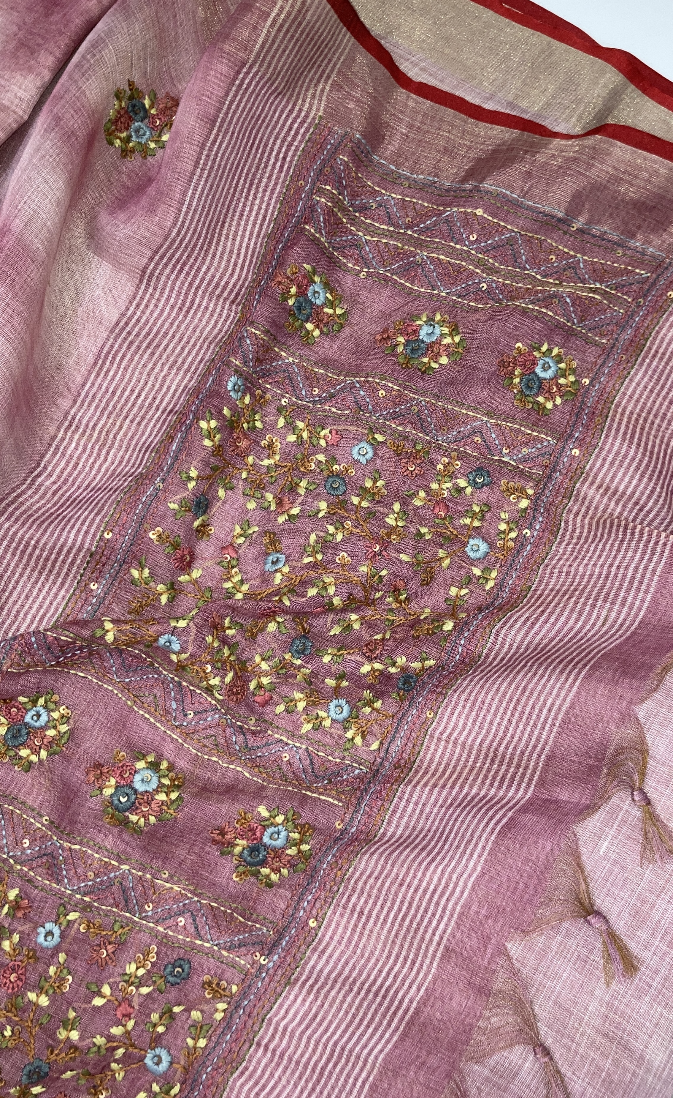 Tie-Dye Pink Tissue Linen Hand Embroidered Saree