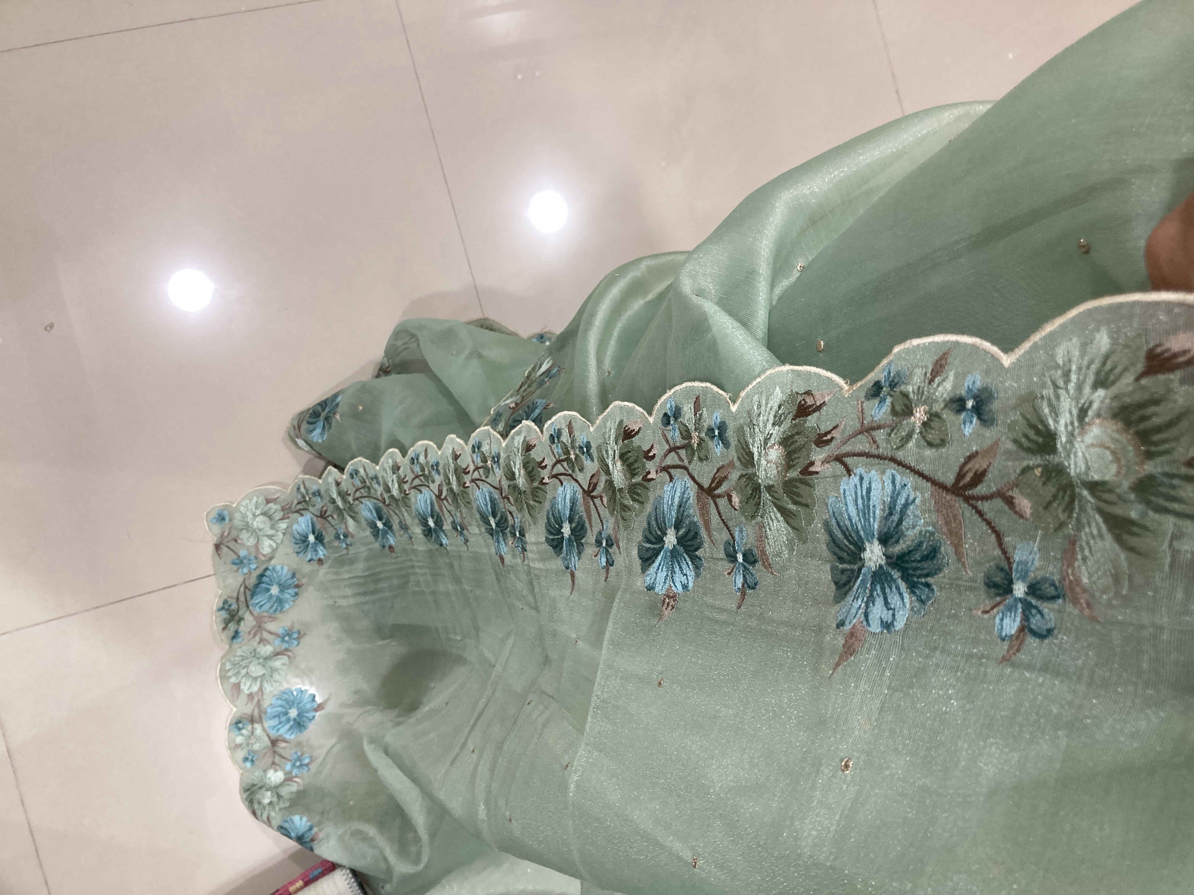 Mint Green Tissue Blend Embroidered Saree
