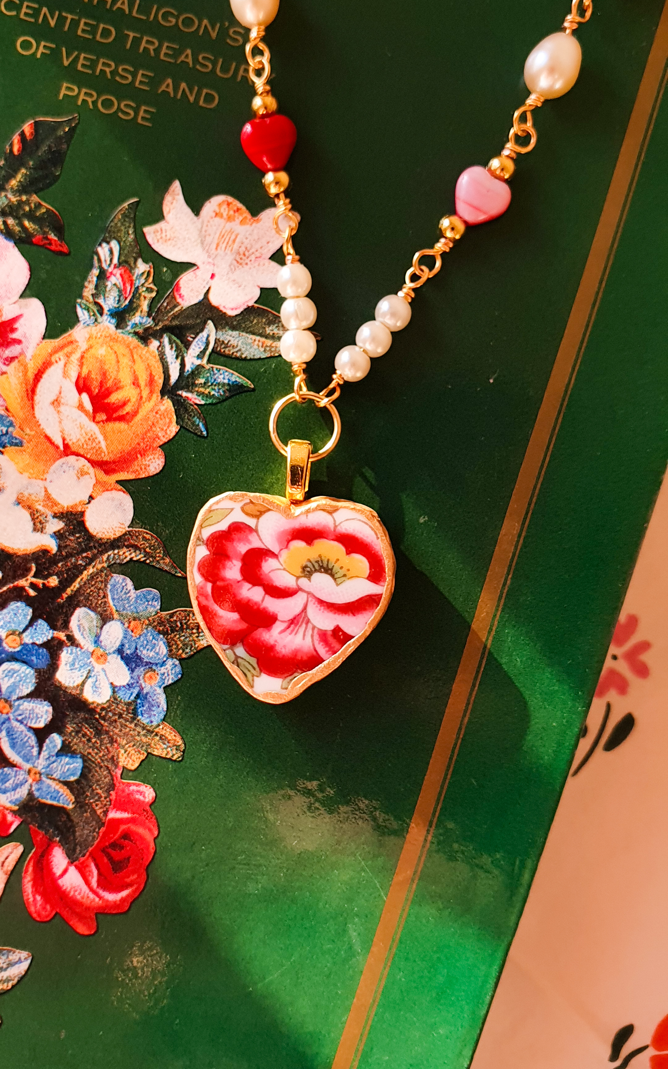 Peony vintage porcelain gold heart necklace