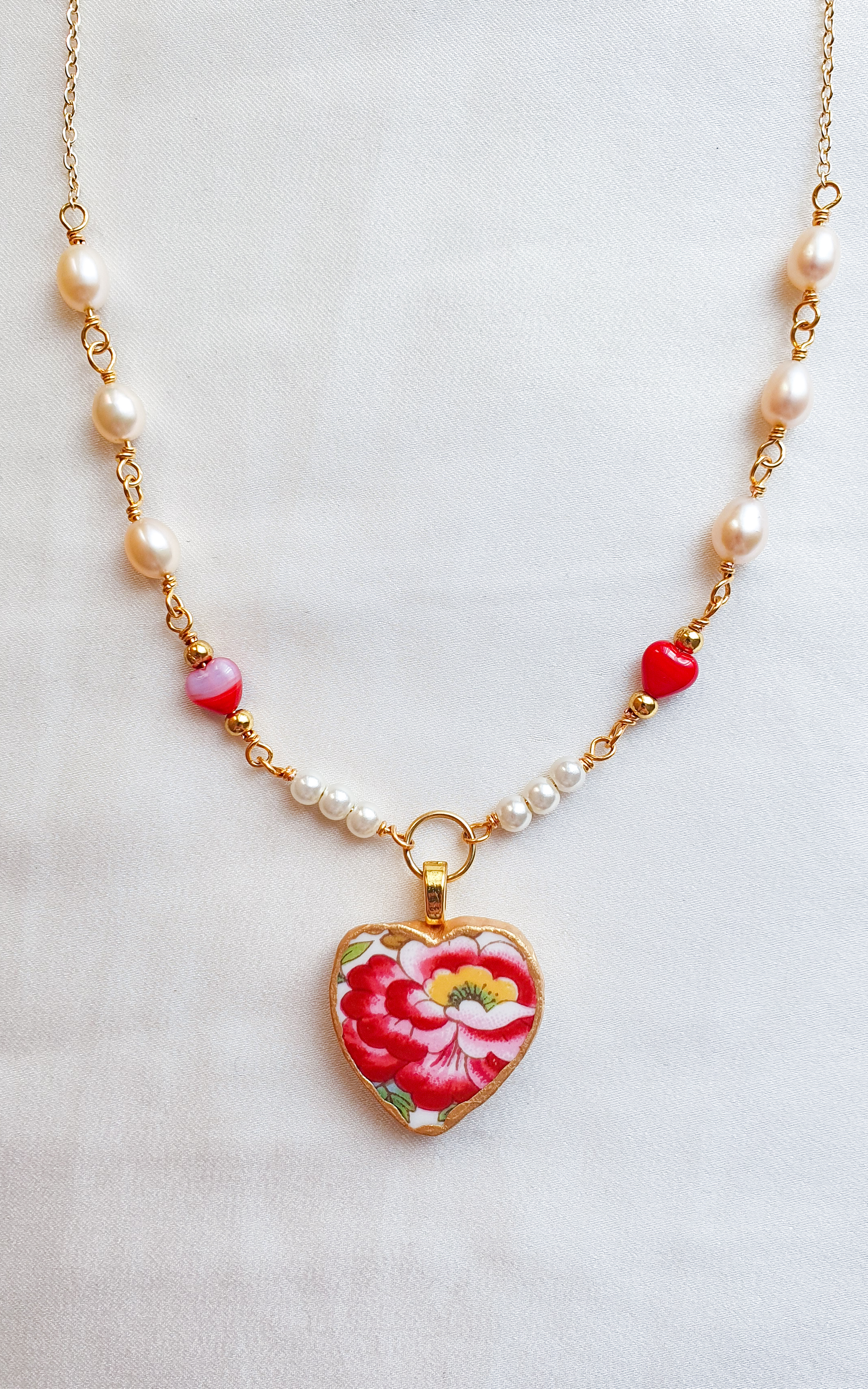 Peony vintage porcelain gold heart necklace
