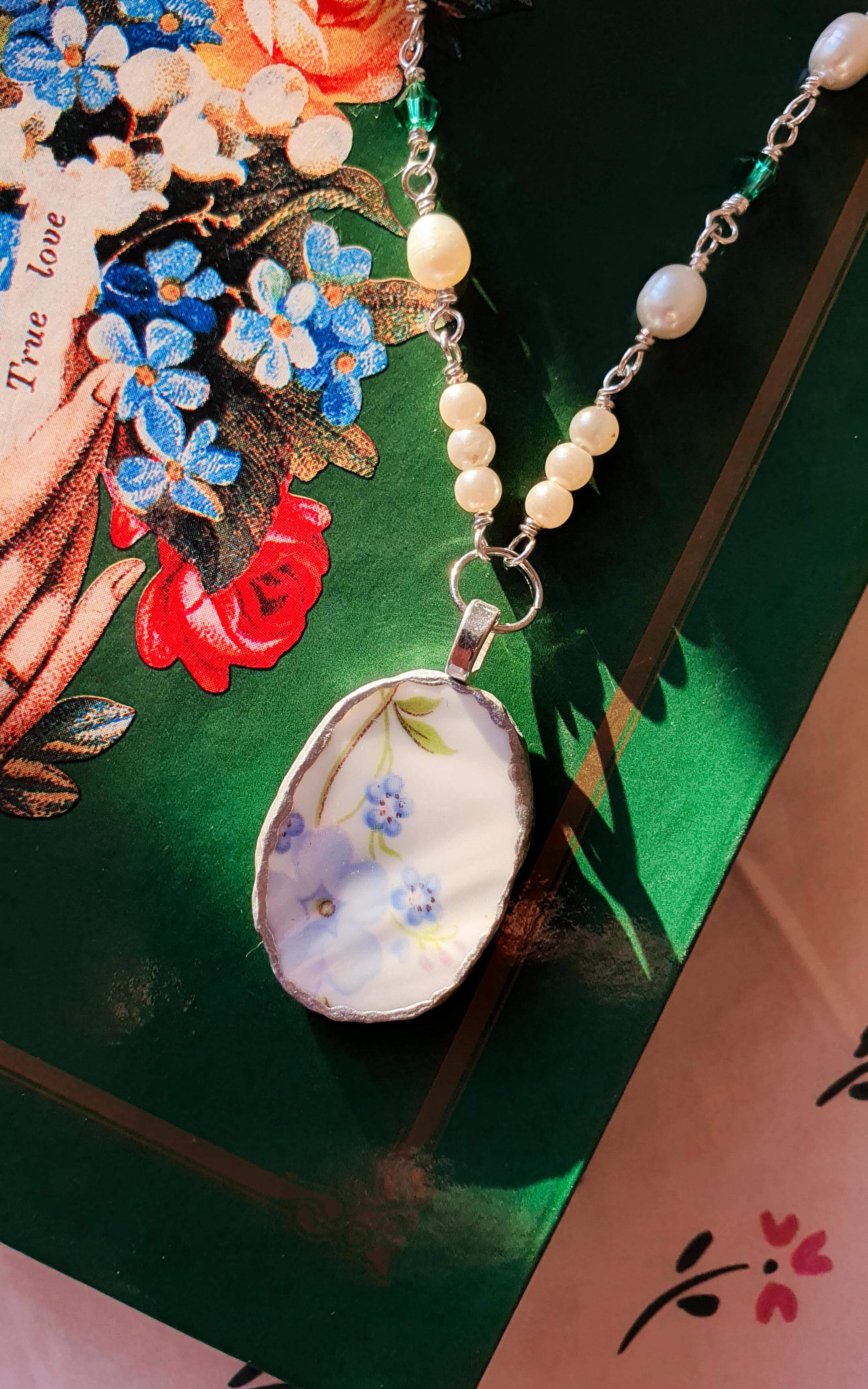 Forget-me-not silver vintage porcelain pearl necklace 