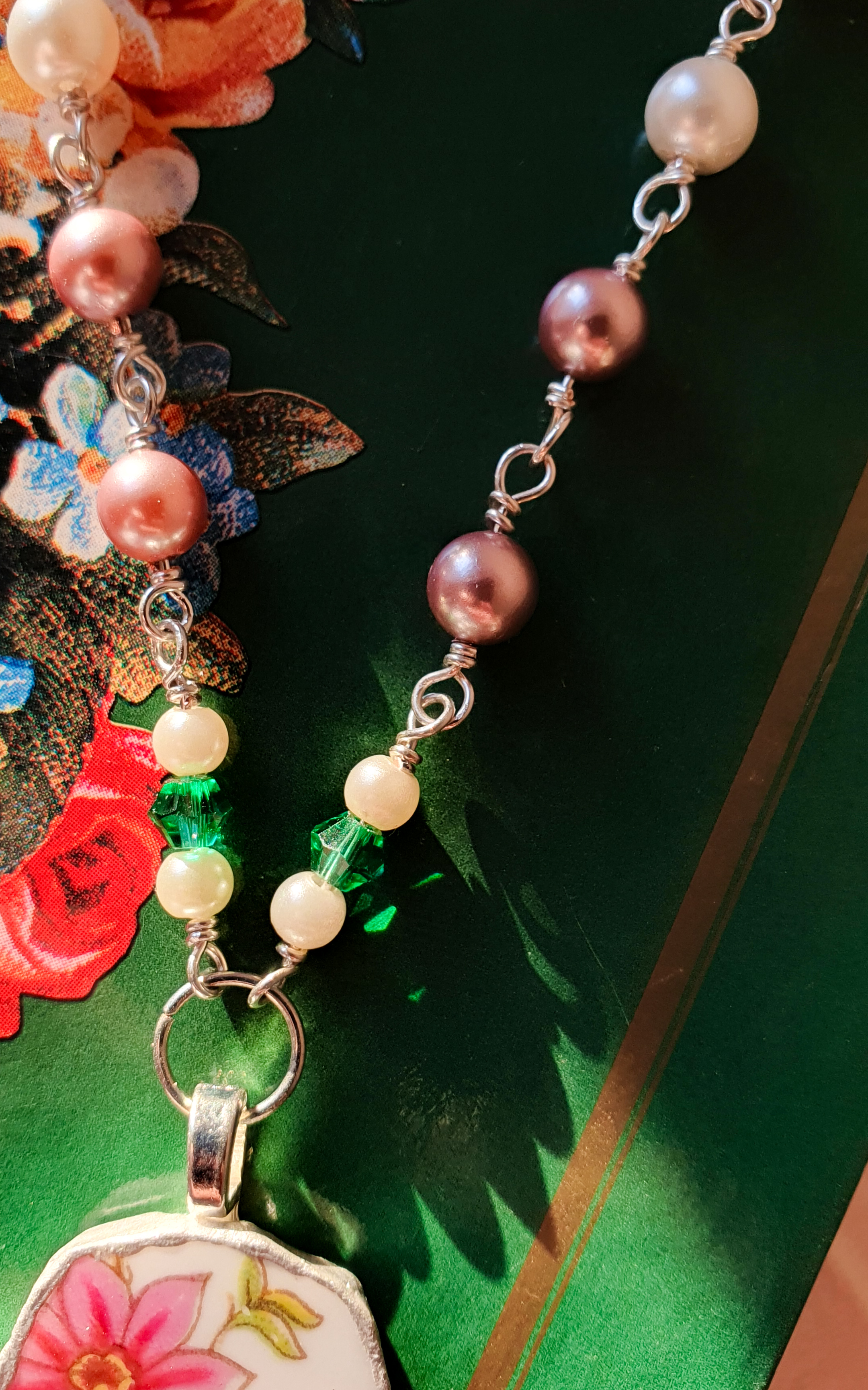 Clematis silver vintage porcelain pearl necklace 