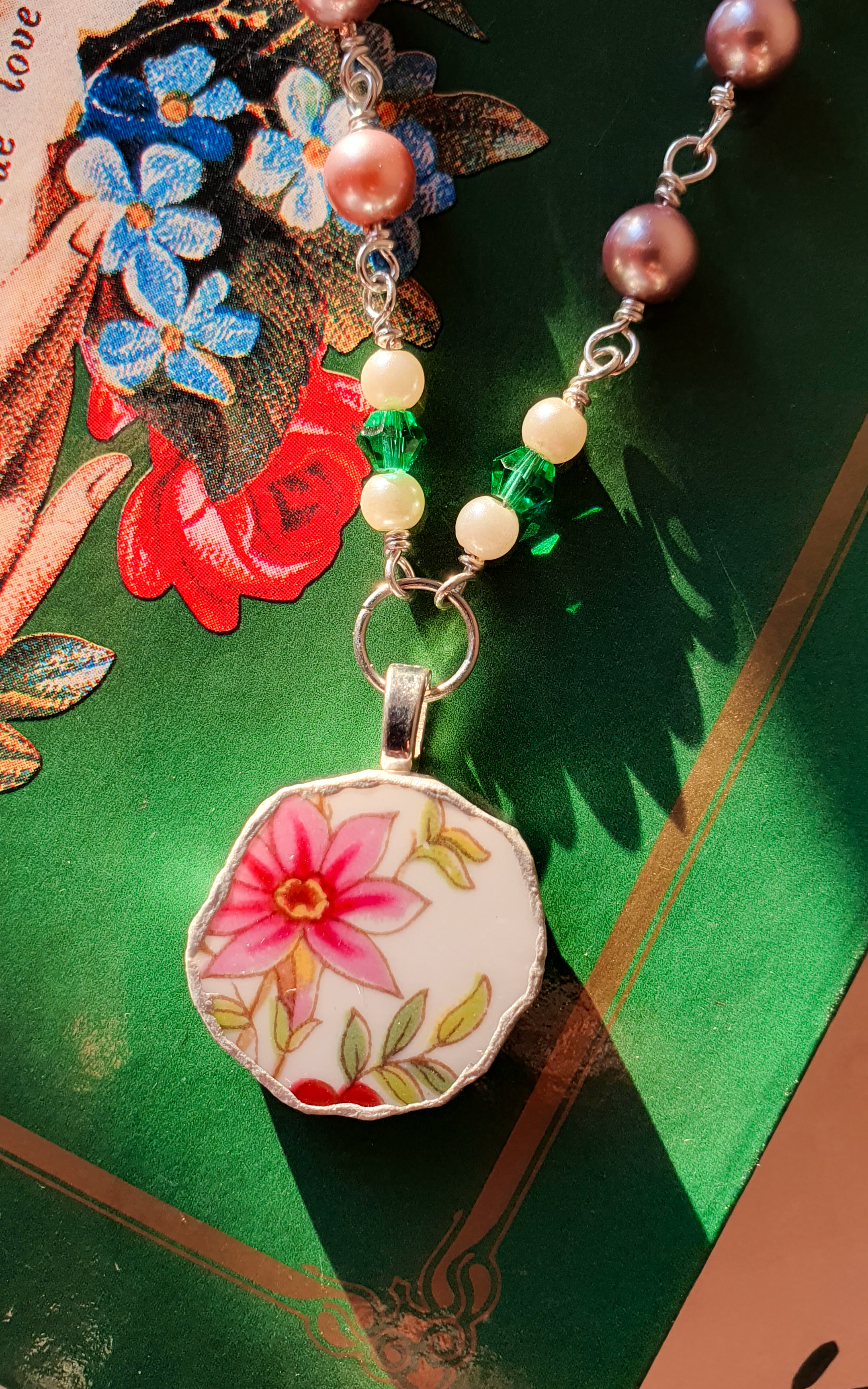 Clematis silver vintage porcelain pearl necklace 