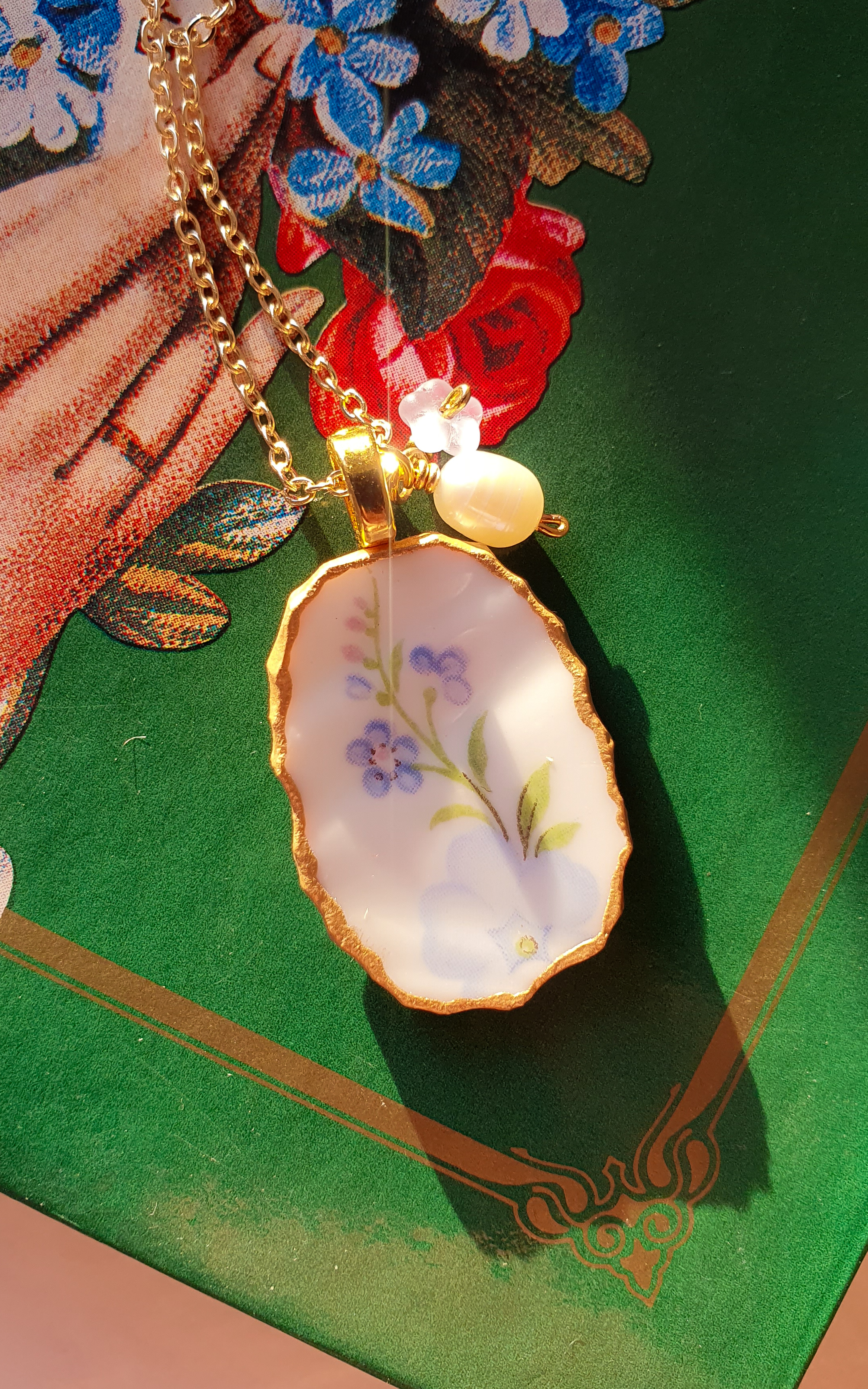 Weatherglass vintage porcelain gold necklace
