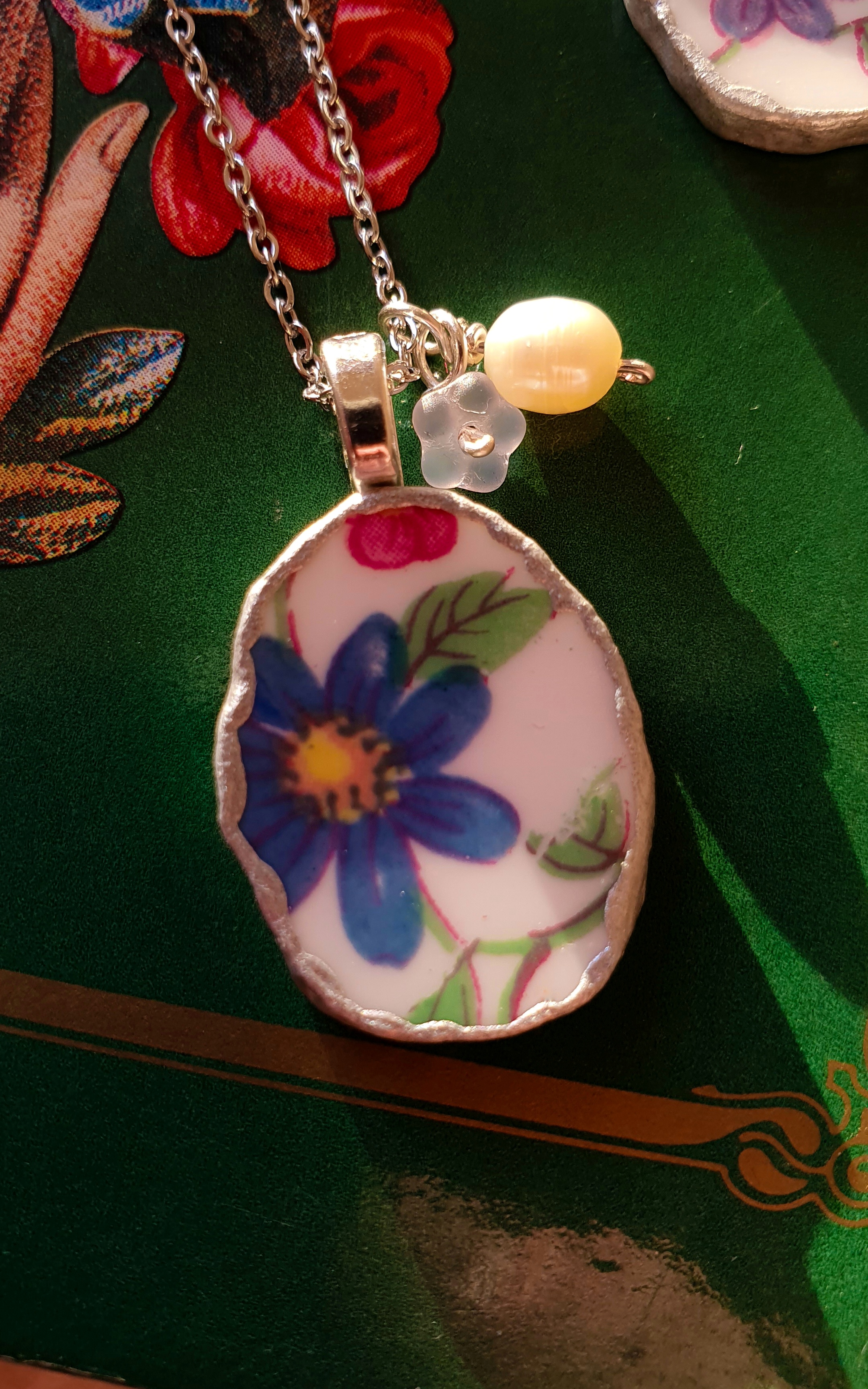 Blue flower vintage porcelain silver necklace