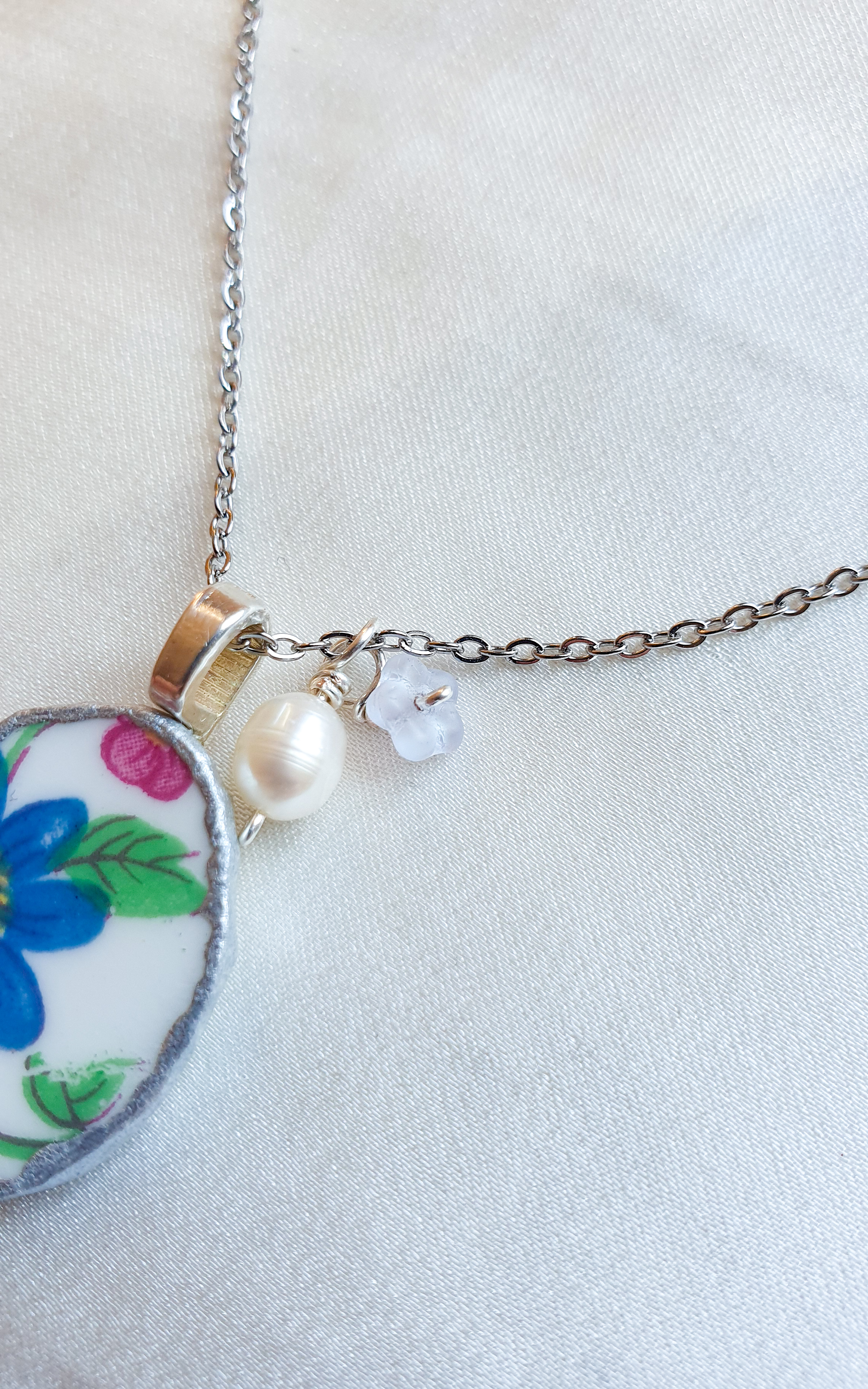 Blue flower vintage porcelain silver necklace 