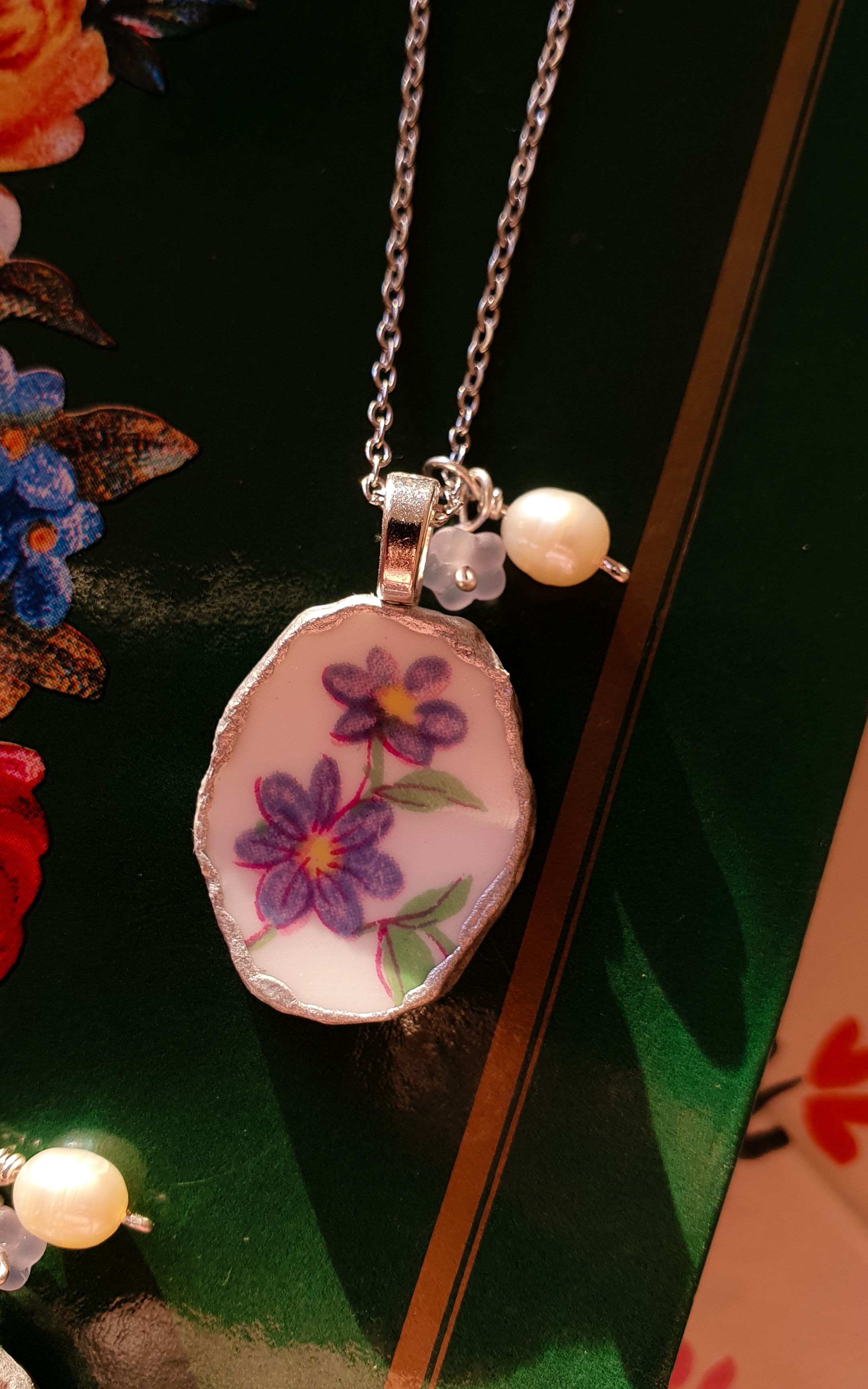Forget-me-not vintage porcelain silver necklace 