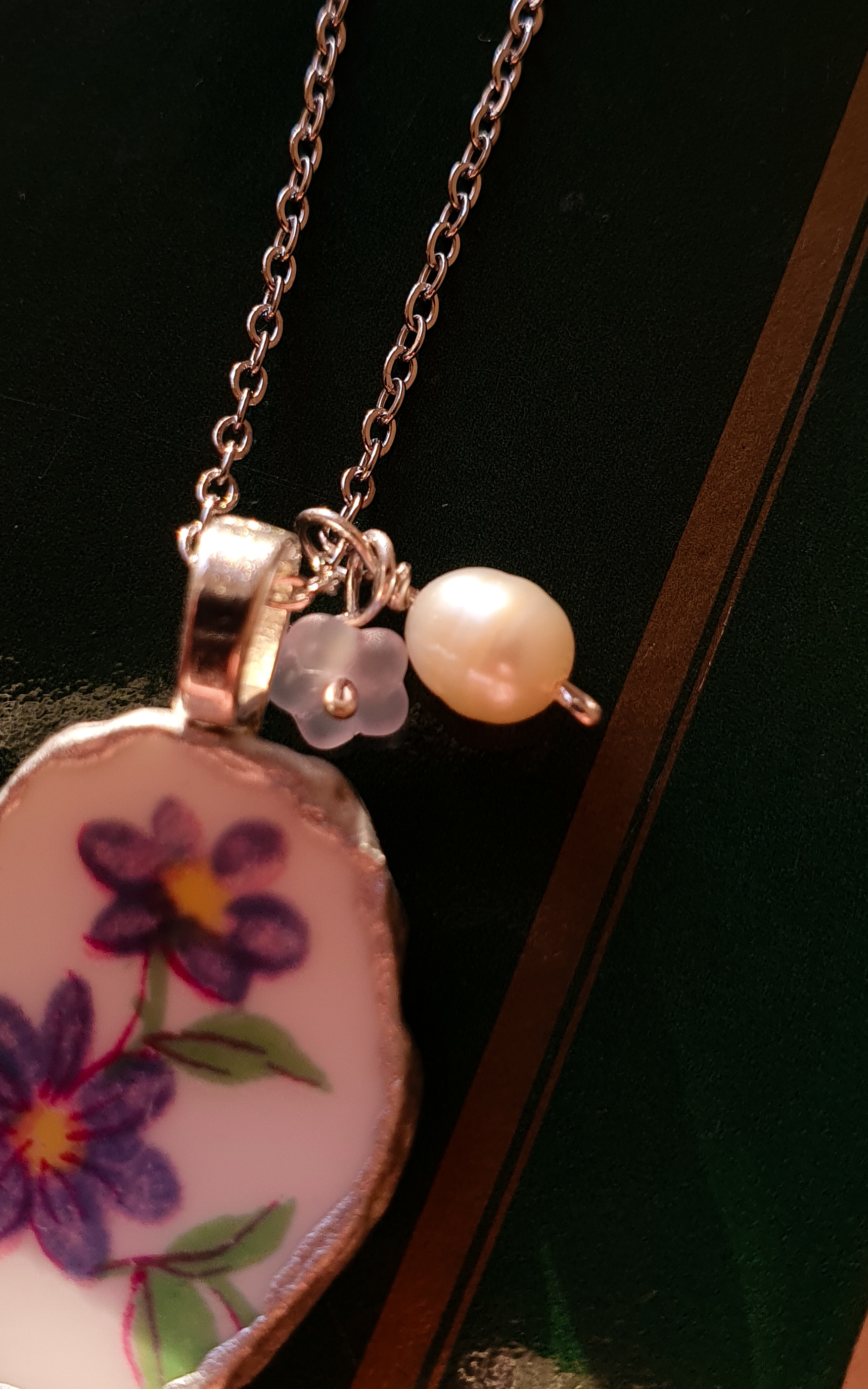 Forget-me-not vintage porcelain silver necklace 