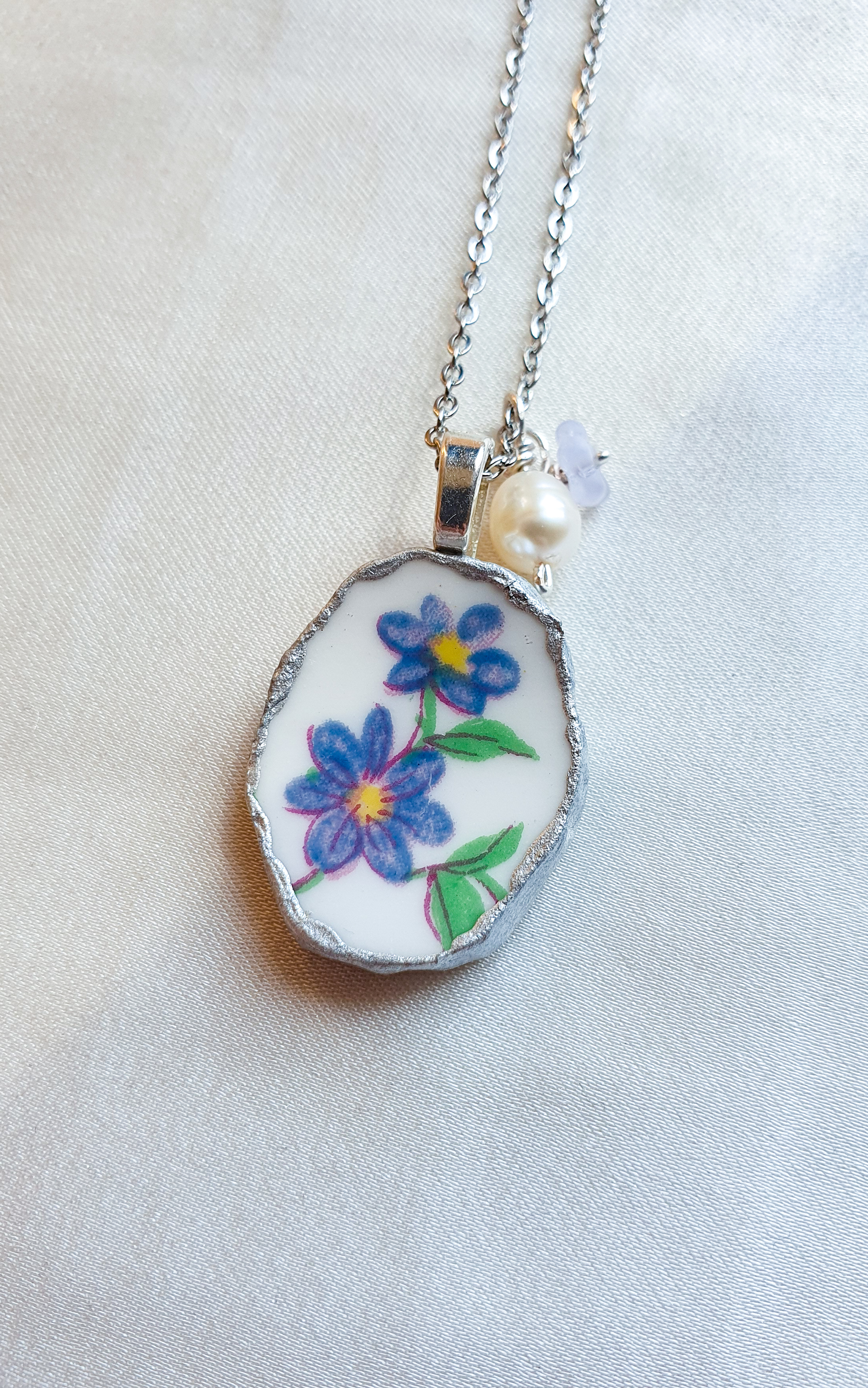 Forget-me-not vintage porcelain silver necklace 