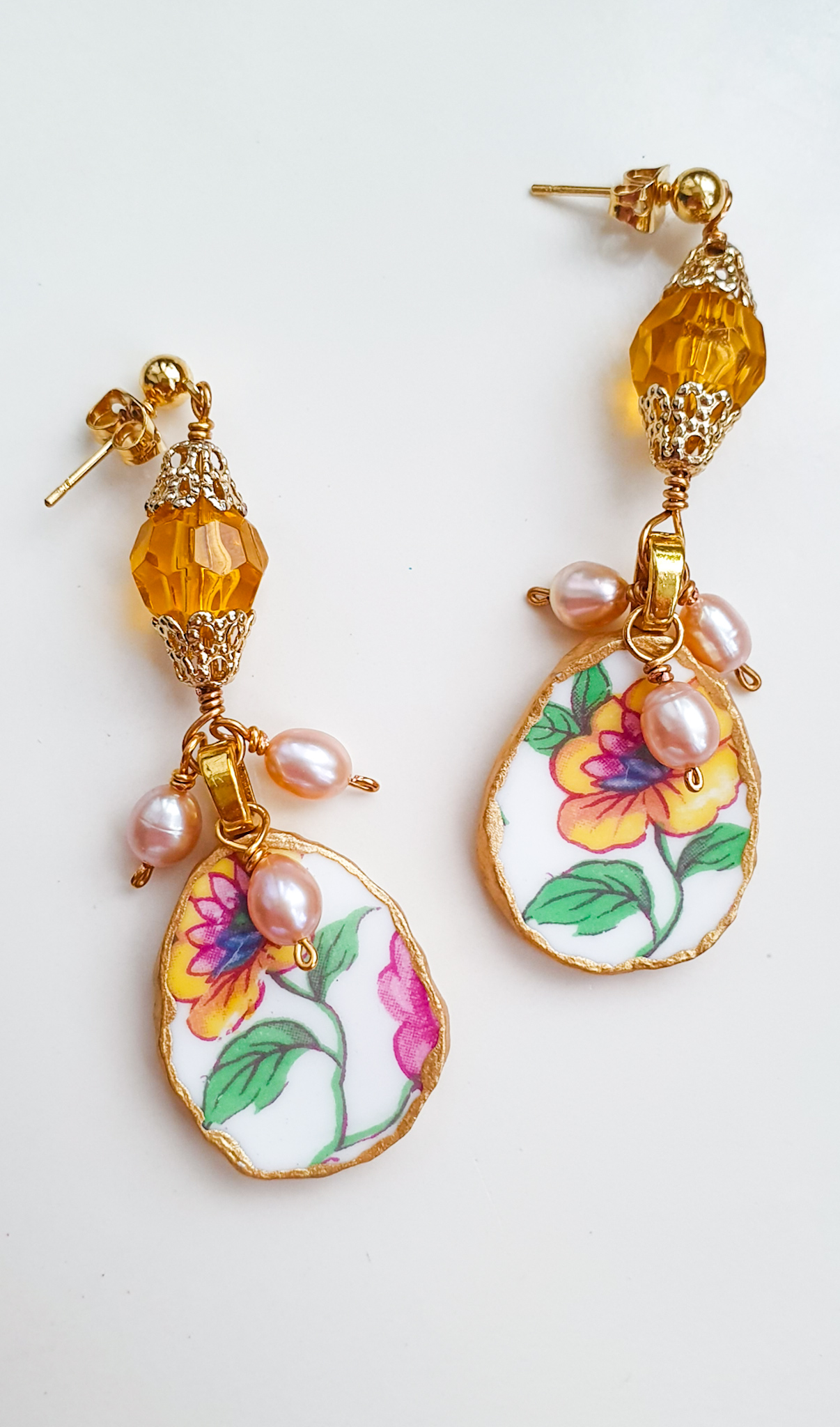 Sunflowers vintage porcelain pearl earrings