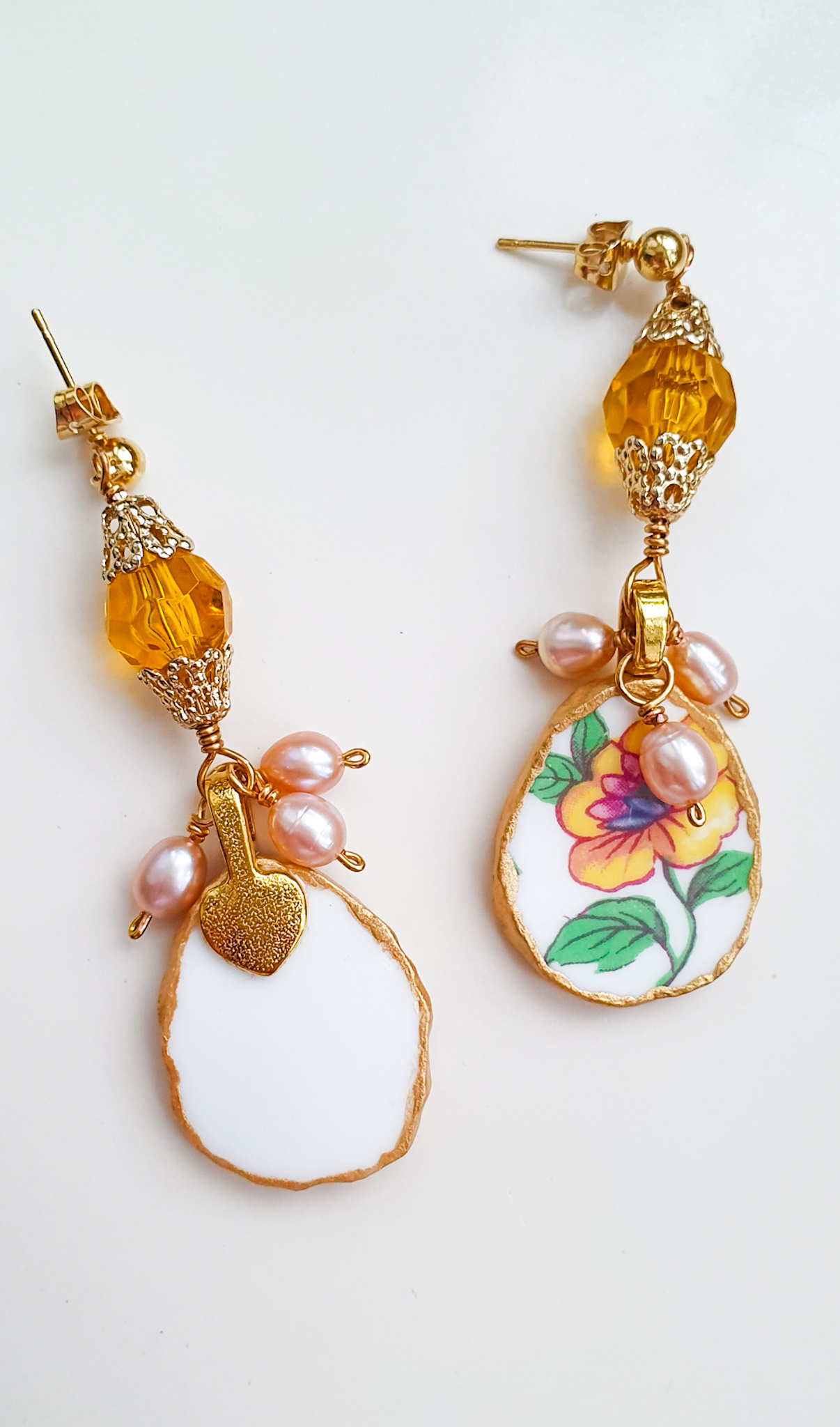 Sunflowers vintage porcelain pearl earrings