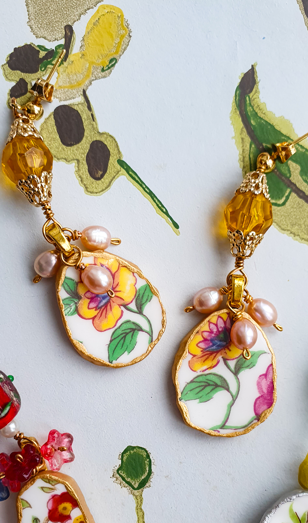 Sunflowers vintage porcelain pearl earrings