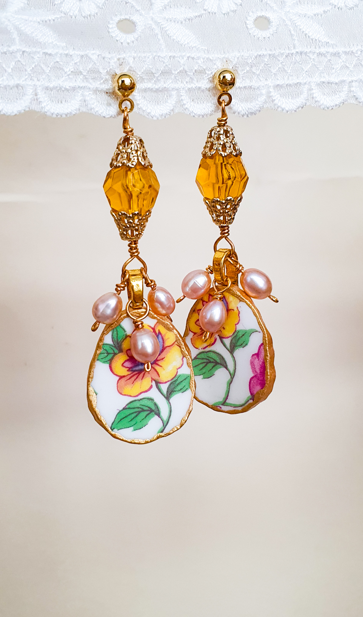 Sunflowers vintage porcelain pearl earrings