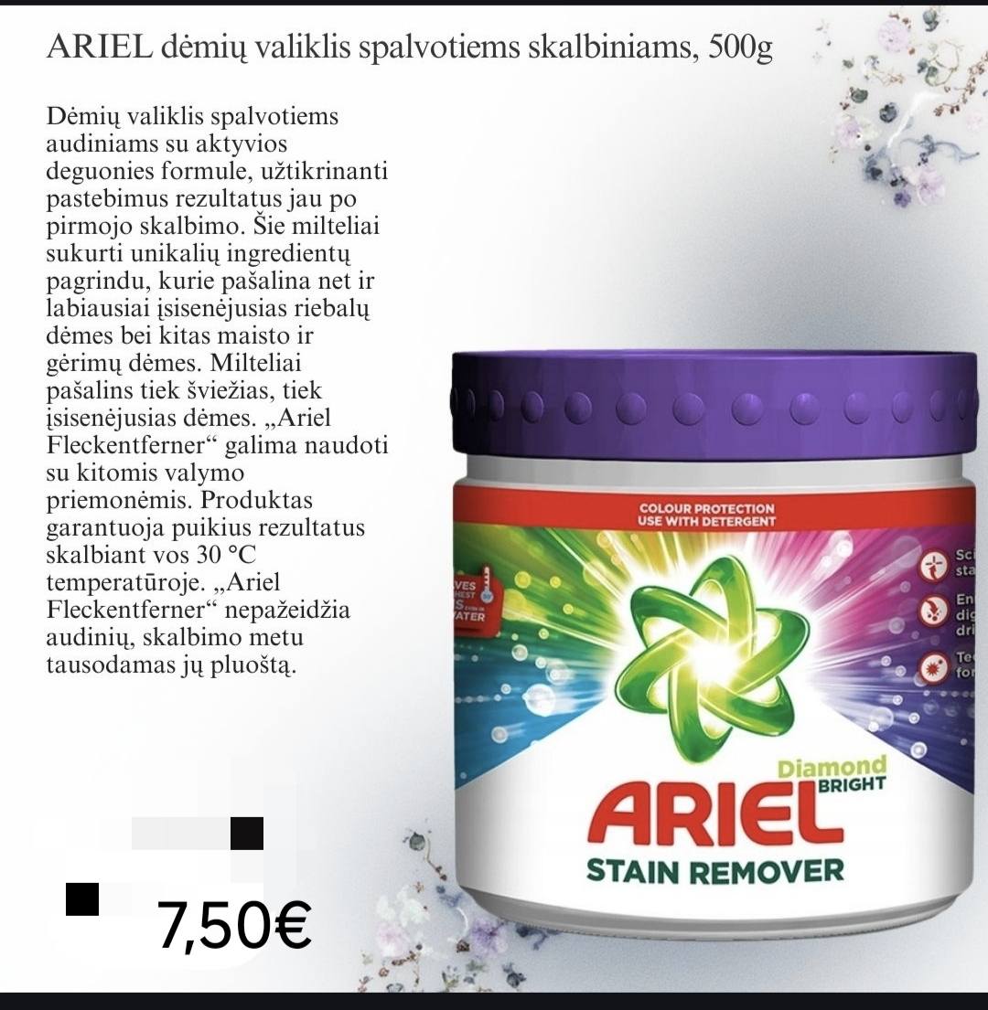 Ariel dėmių valiklis spalvotiems skalbiniams ir baltiems