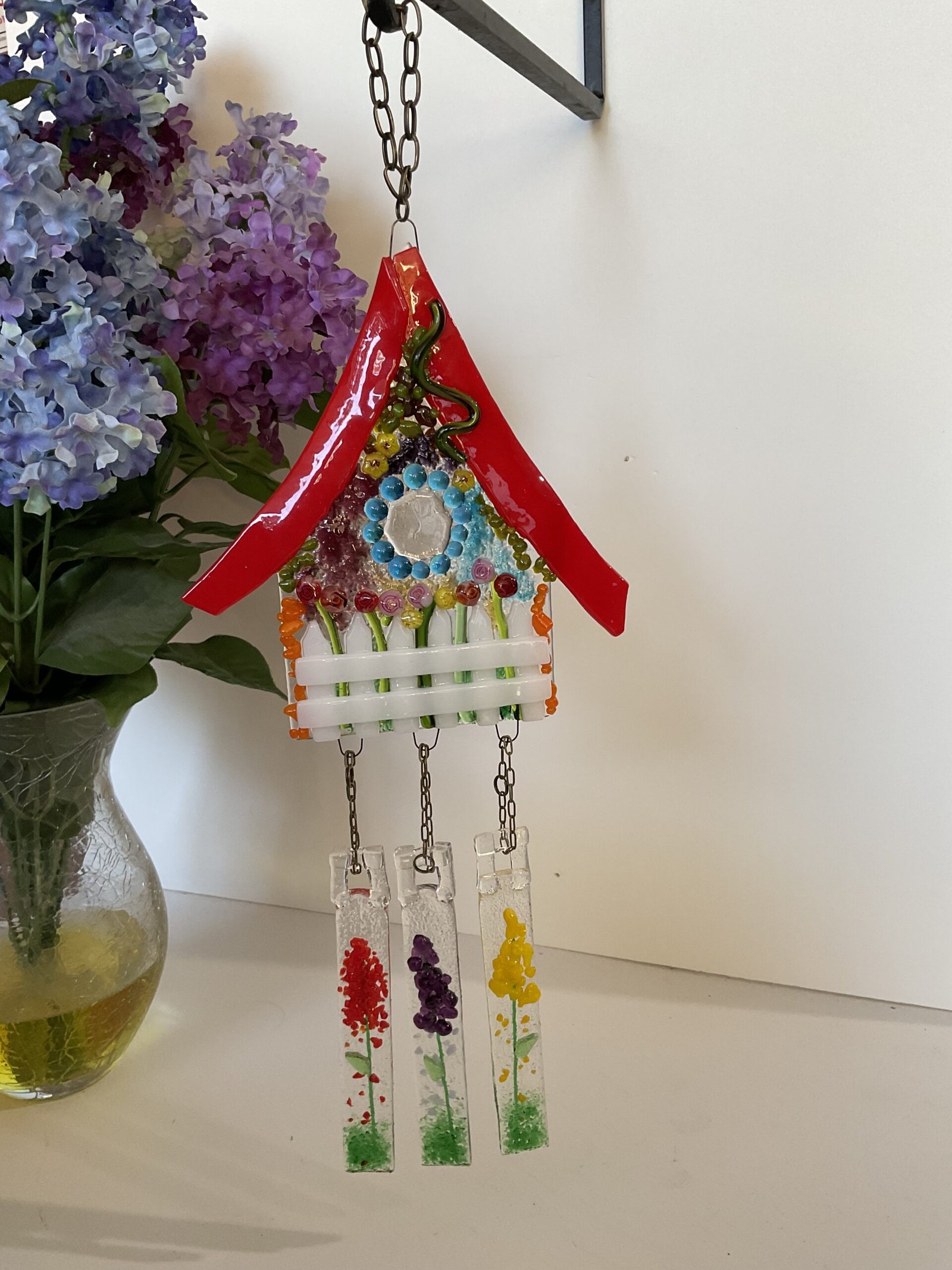Fused Glass Wind Chime - Whimsy Bird House Wind Chime, Sun Catcher