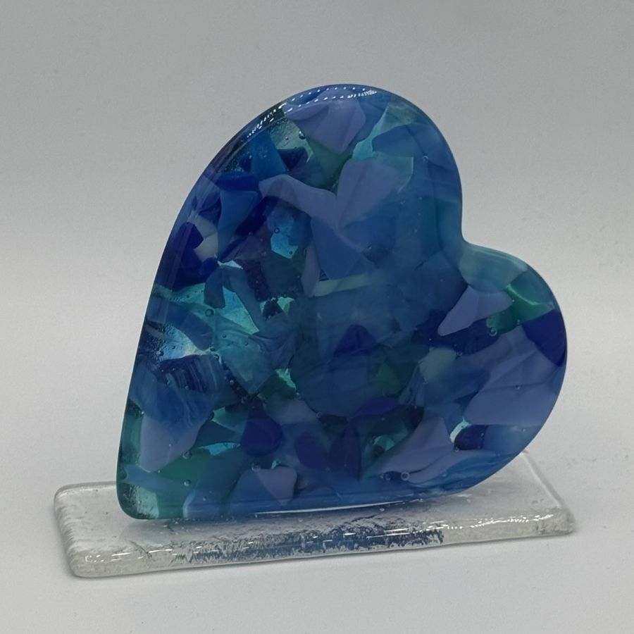 Blue / Turquoise Heart-Shaped Fused Glass Sculpture - Paper Weight