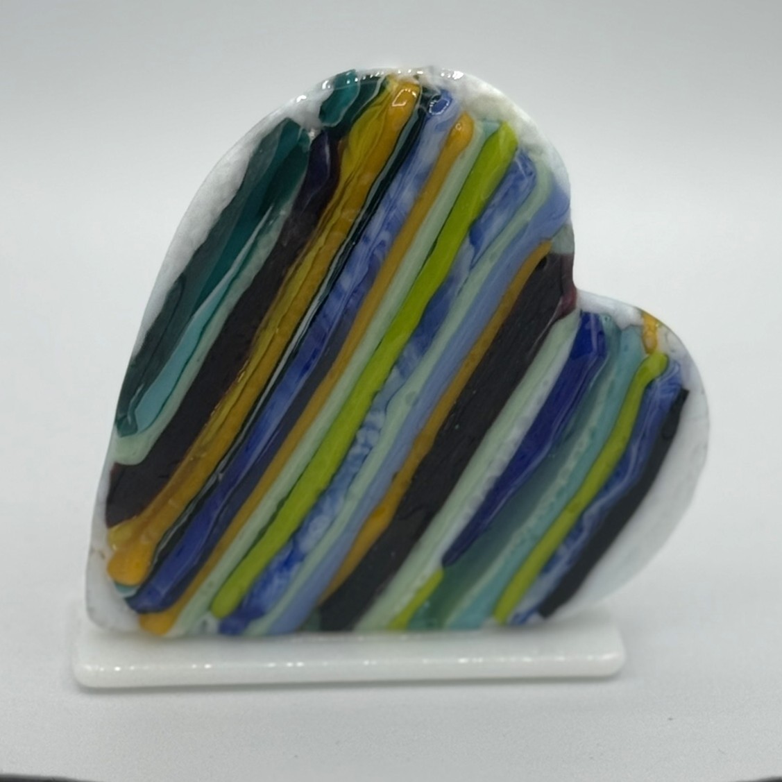 Colorful, Striped Heart-Shaped Fused Glass Sculpture - Paper Weight