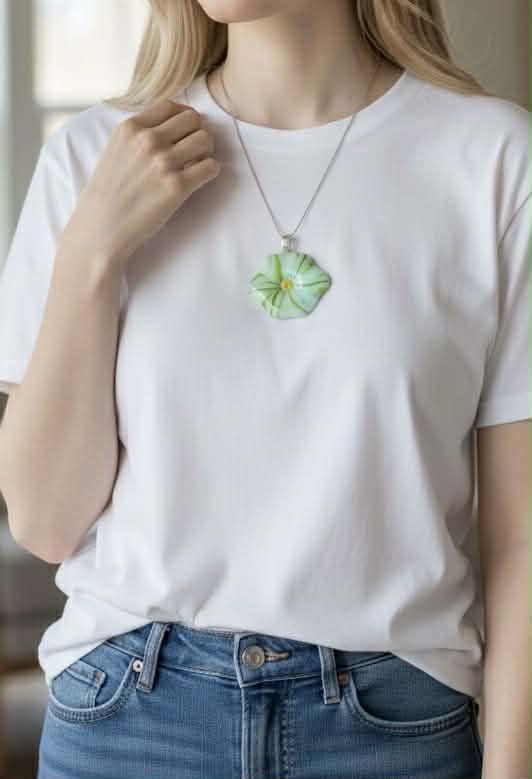 Opalescent White and Green Swirl Glass Pendant with a hint of Blue