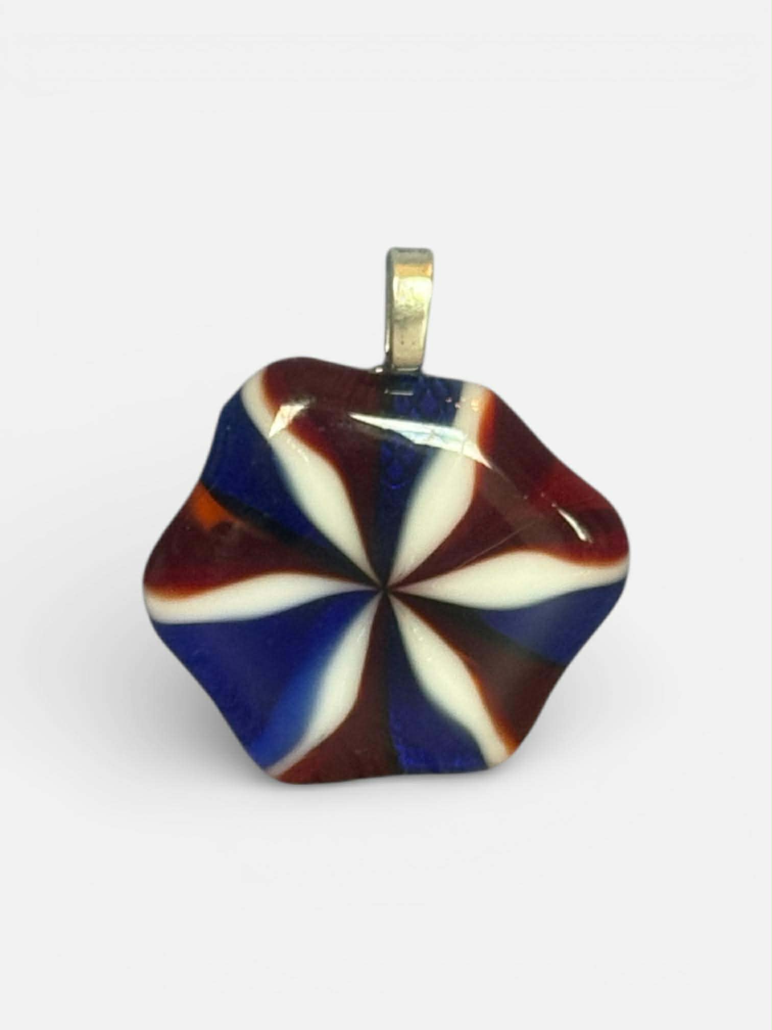 Opalescent Red and White with Transparent Blue Swirl Glass Pendant