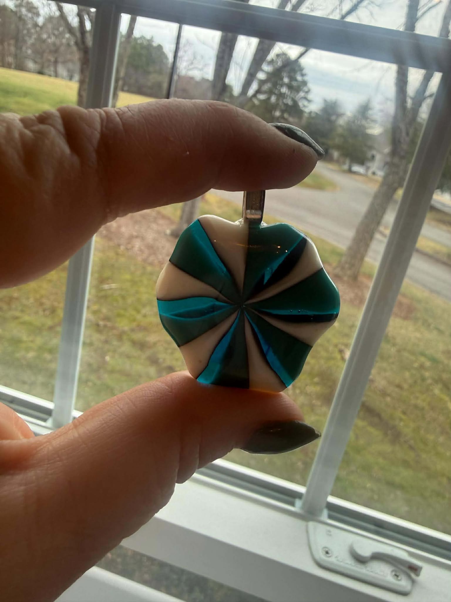 Opalescent Turquoise, White & Vanilla with Transparent Turquoise Swirl Glass Pendant 