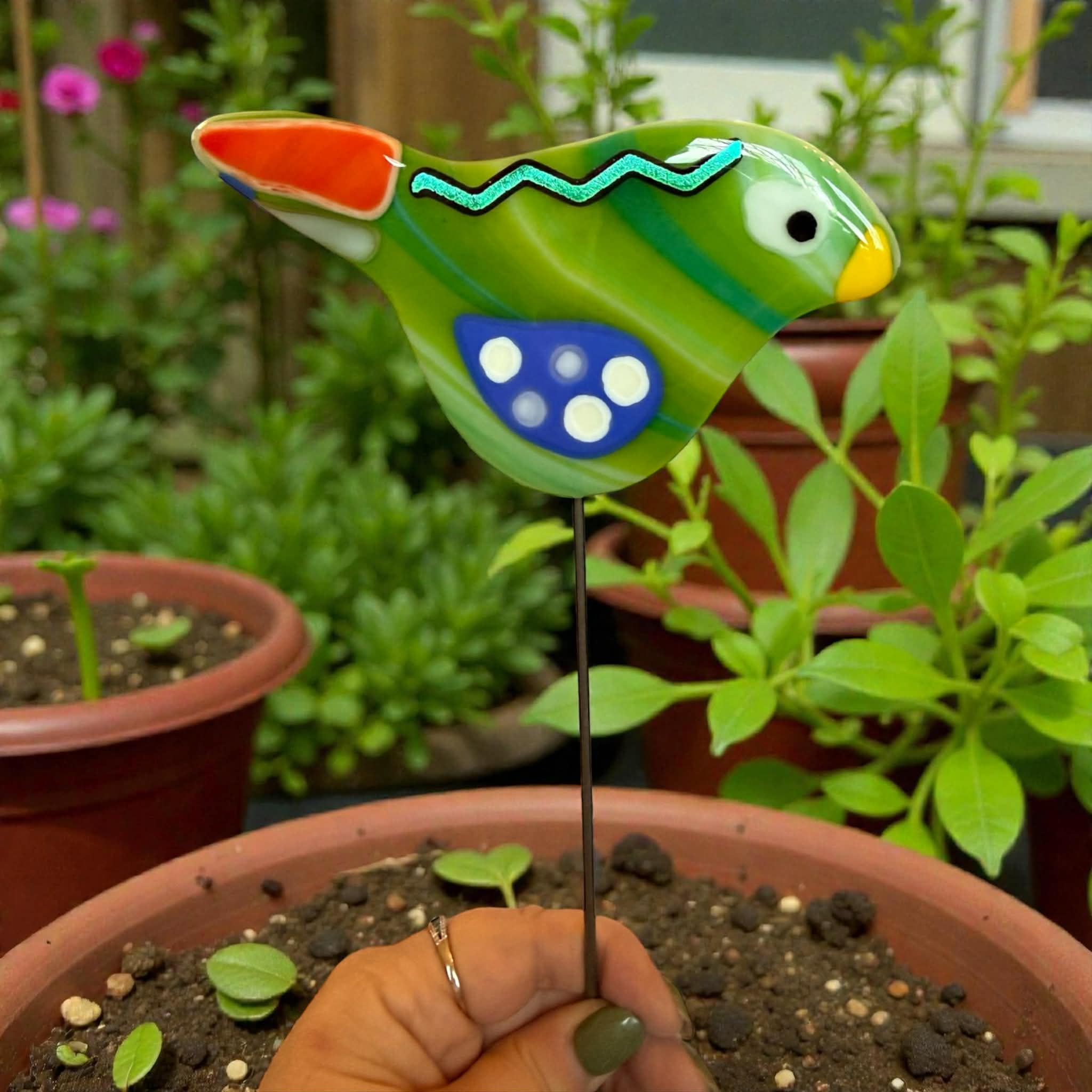 Whimsical Glass Bird Garden Stake
