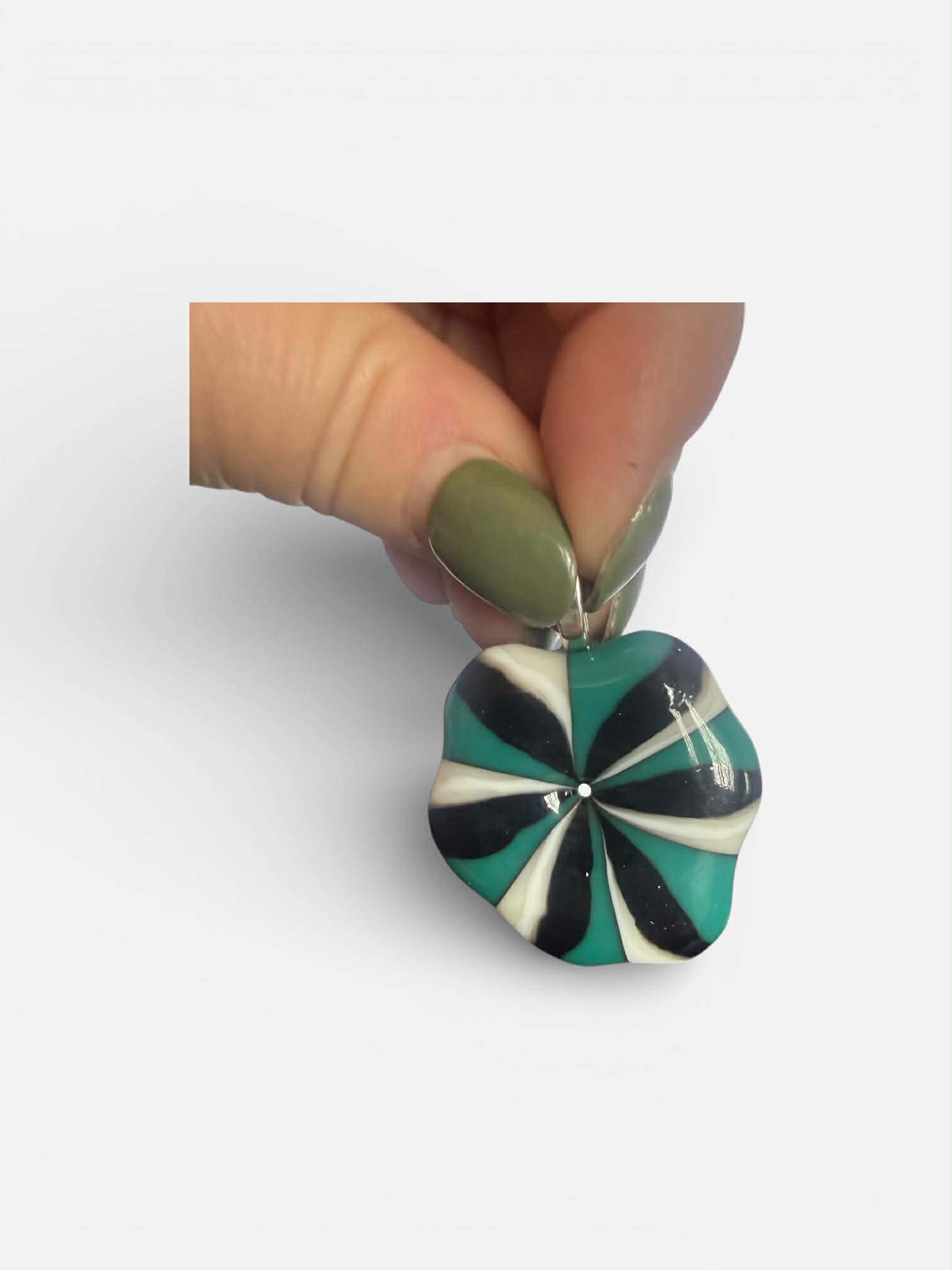 Opalescent Turquoise, Black, White, and Vanilla Swirl Glass Pendant 