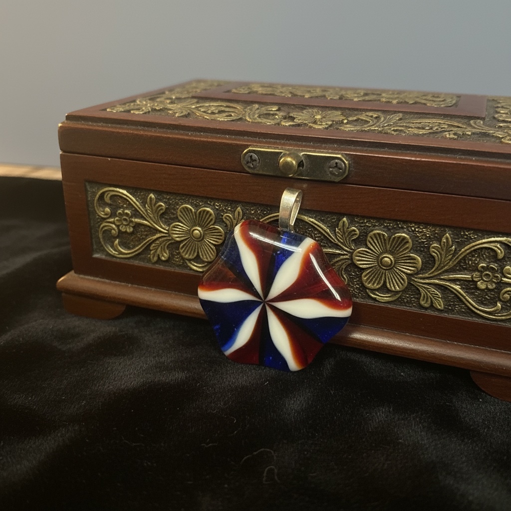 Opalescent Red and White with Transparent Blue Swirl Glass Pendant 