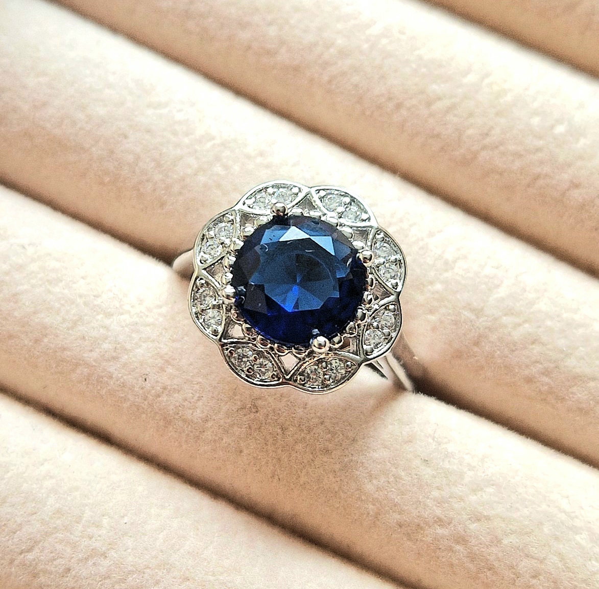 Sapphire and Diamond Halo Ring