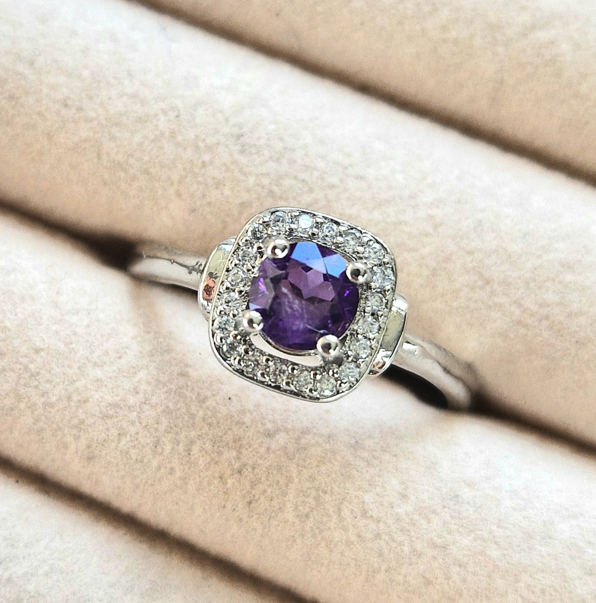 Amethyst and Diamond Halo Ring