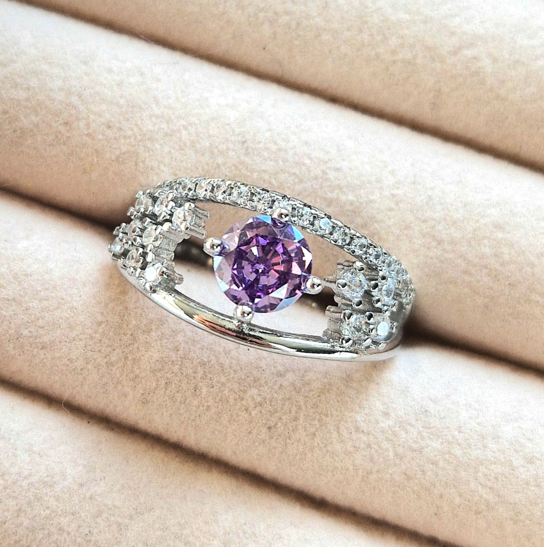 Amethyst and Diamond Silver Ring