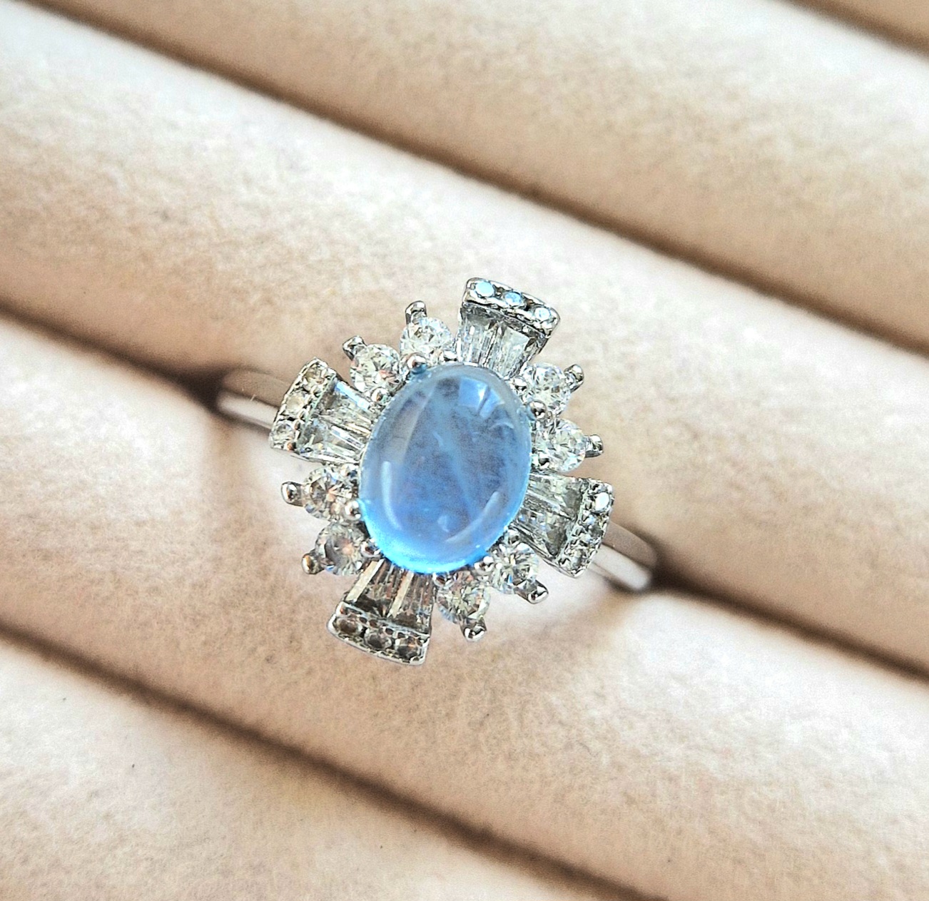 Moonstone and Diamond Halo Ring