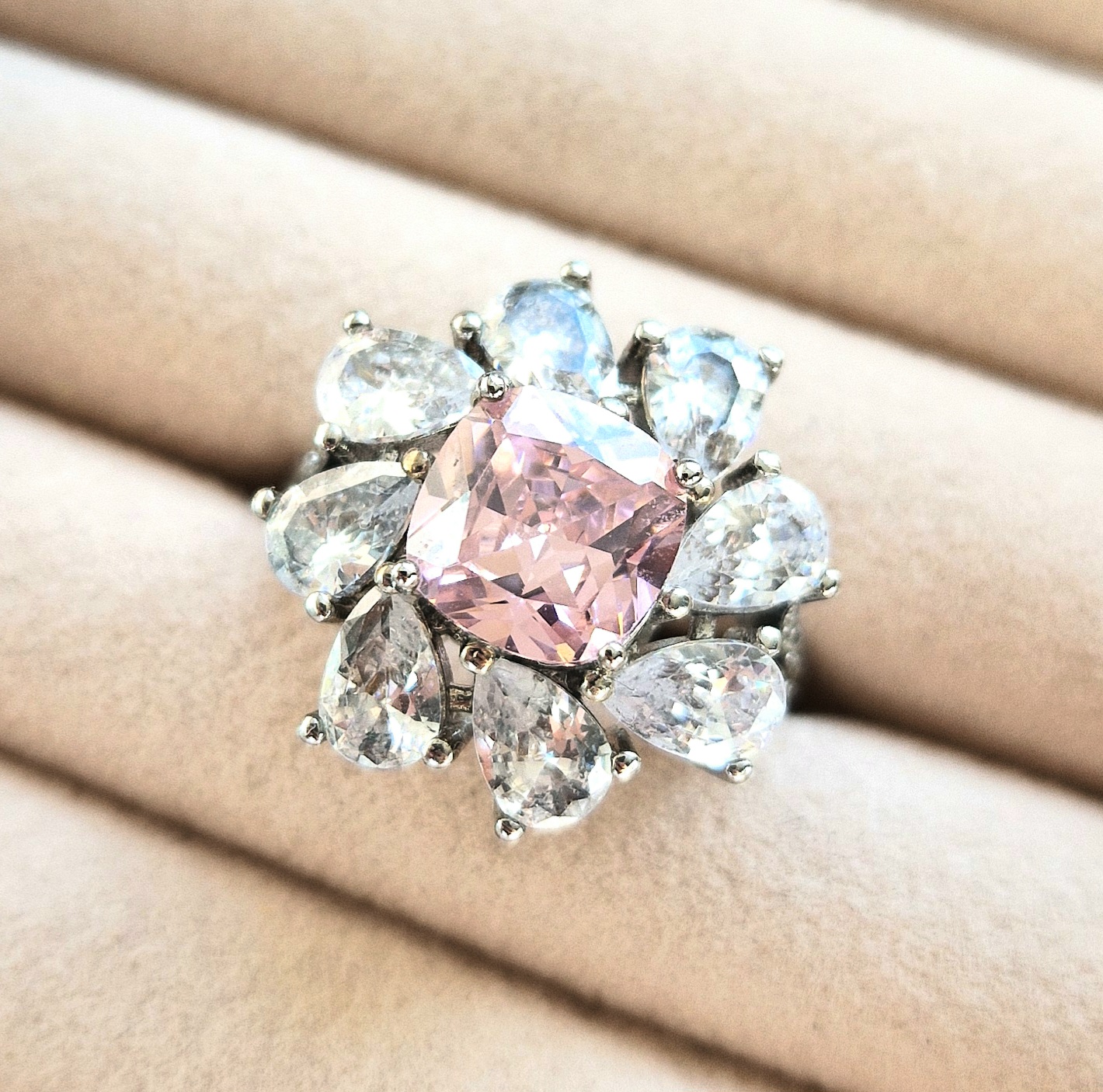 Pink and White Gemstone Flower Ring