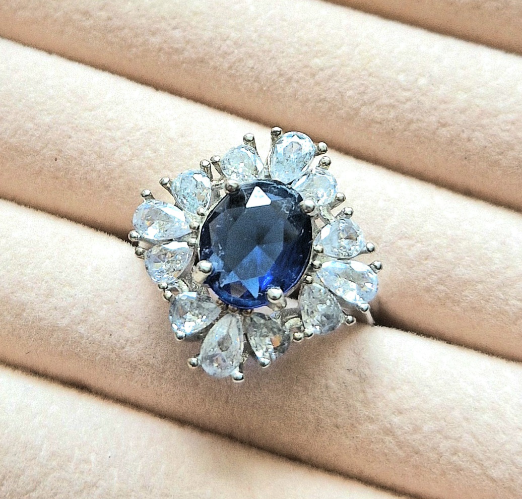 Sapphire and Diamond Cluster Ring