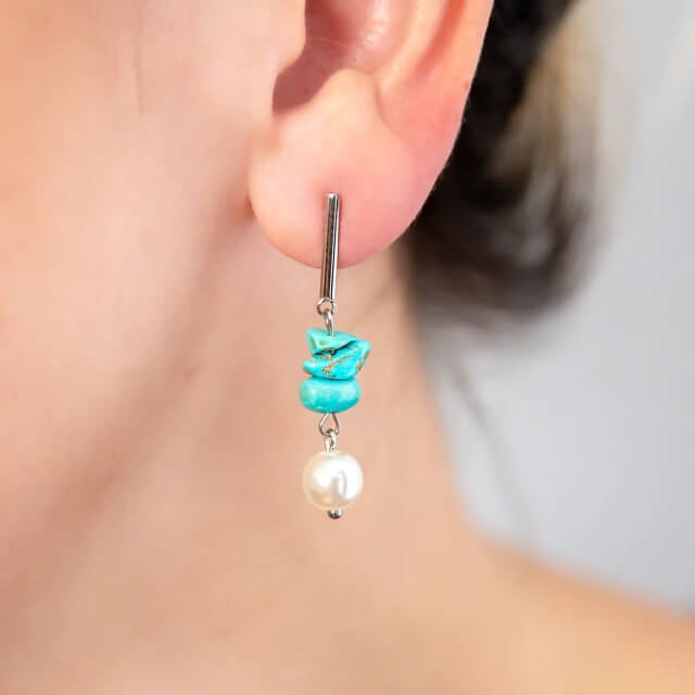 Brinco Cascalho Turquesa e Pérola