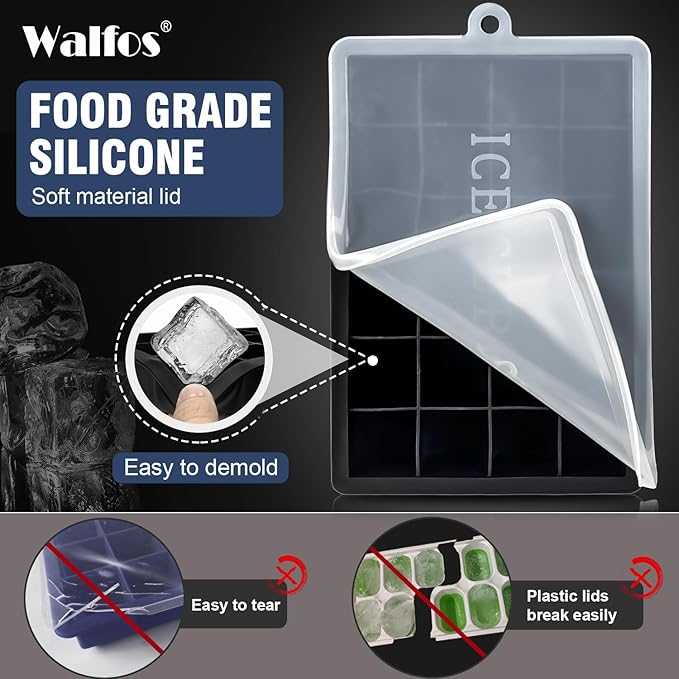 Silicone Ice Cube Tray with Lids, Walfos 3 Pack 72 Cubes Silicone Ice Cube Molds, Flexible and Easy Release, BPA Free and Dishwasher Safe, Perfect for Cocktail, Whiskey, Chocolate, Baby Food
