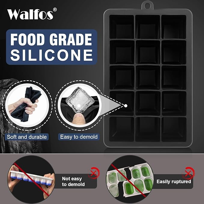 Walfos Silicone Ice Cube Tray with Lids, 3 Pack 45 Cubes Square Ice Cube Molds, Flexible and Easy Release Ice Molds, Perfect for Cocktail, Whiskey, Chocolate, Baby Food, BPA Free and Dishwasher Safe