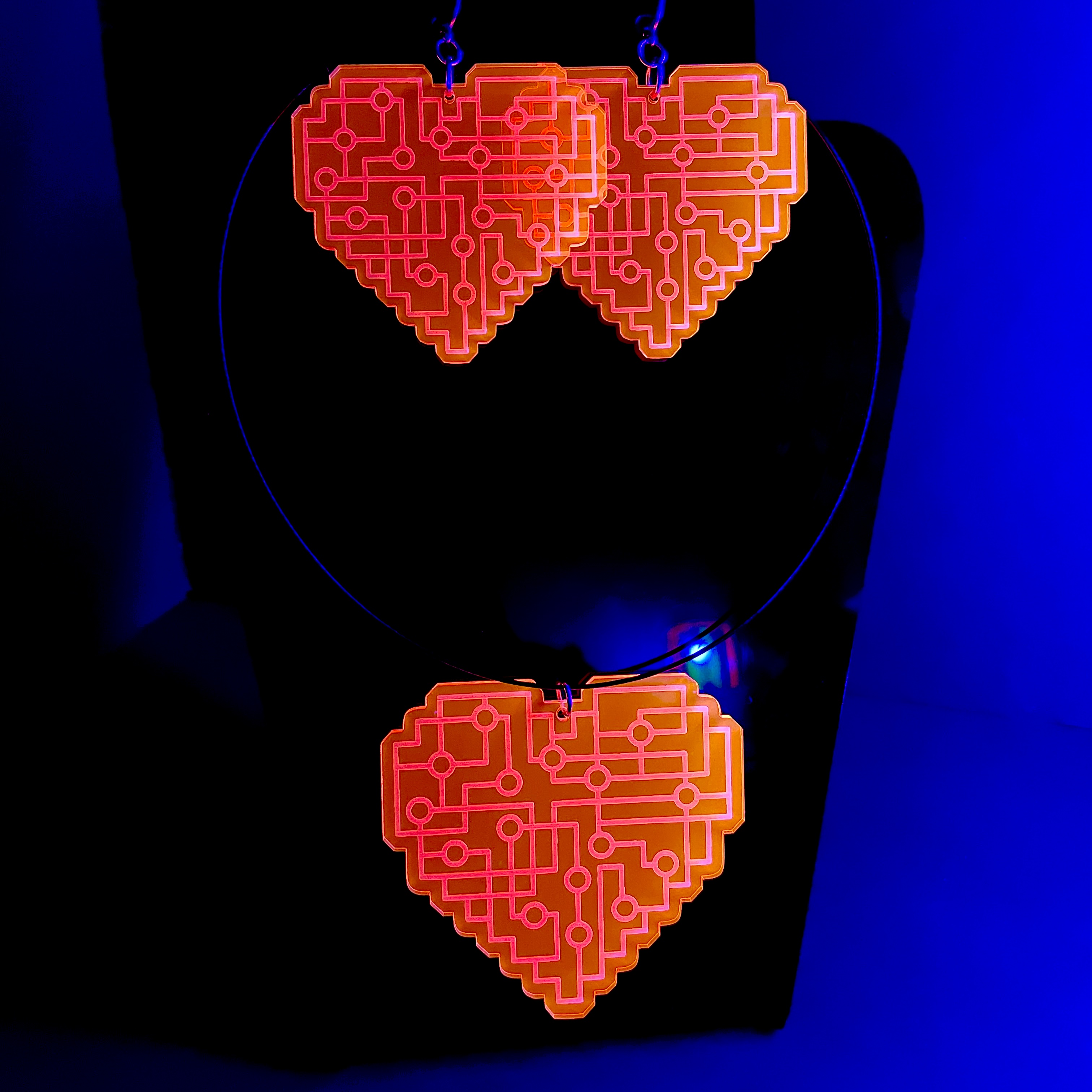 CYBERPUNK CIRCUIT BOARD HEART CHOKER NECKLACE AND EARRINGS