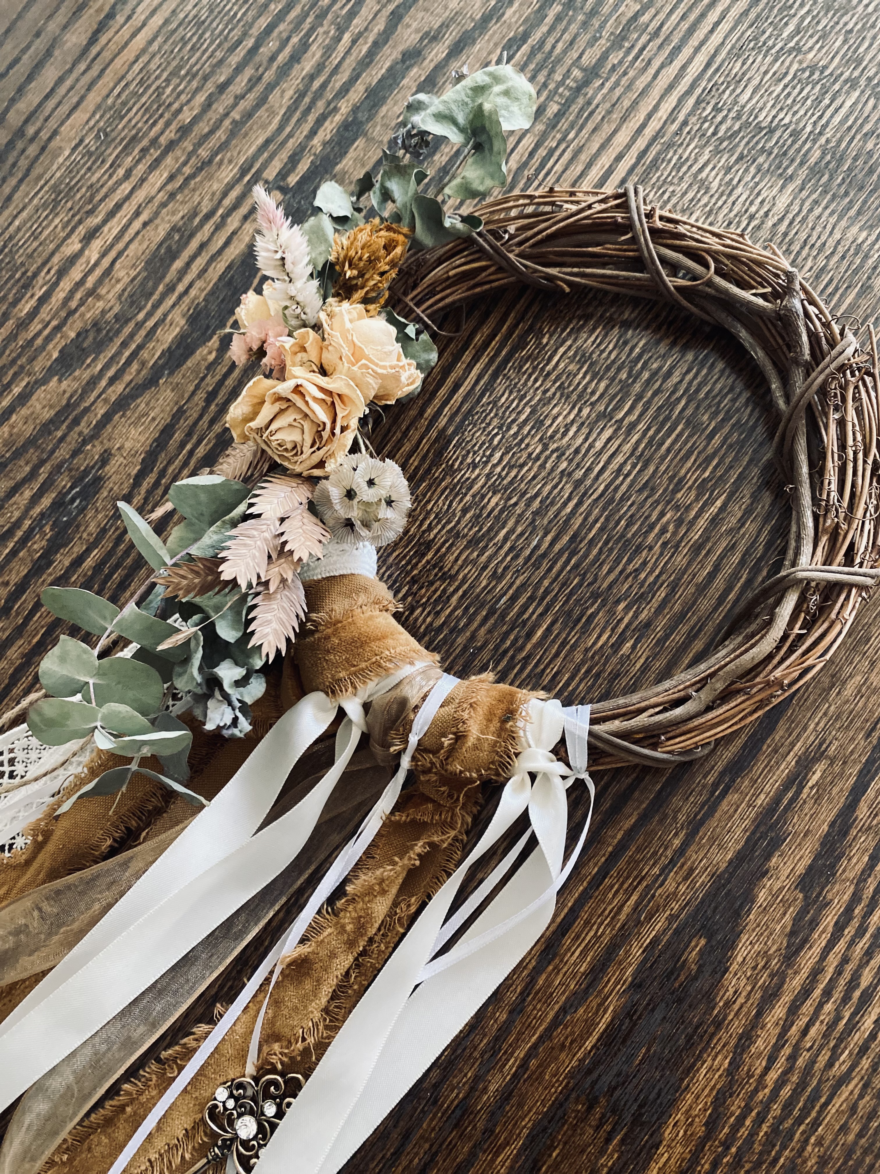 Grapevine Wreath with Ribbon + Dried Flowers