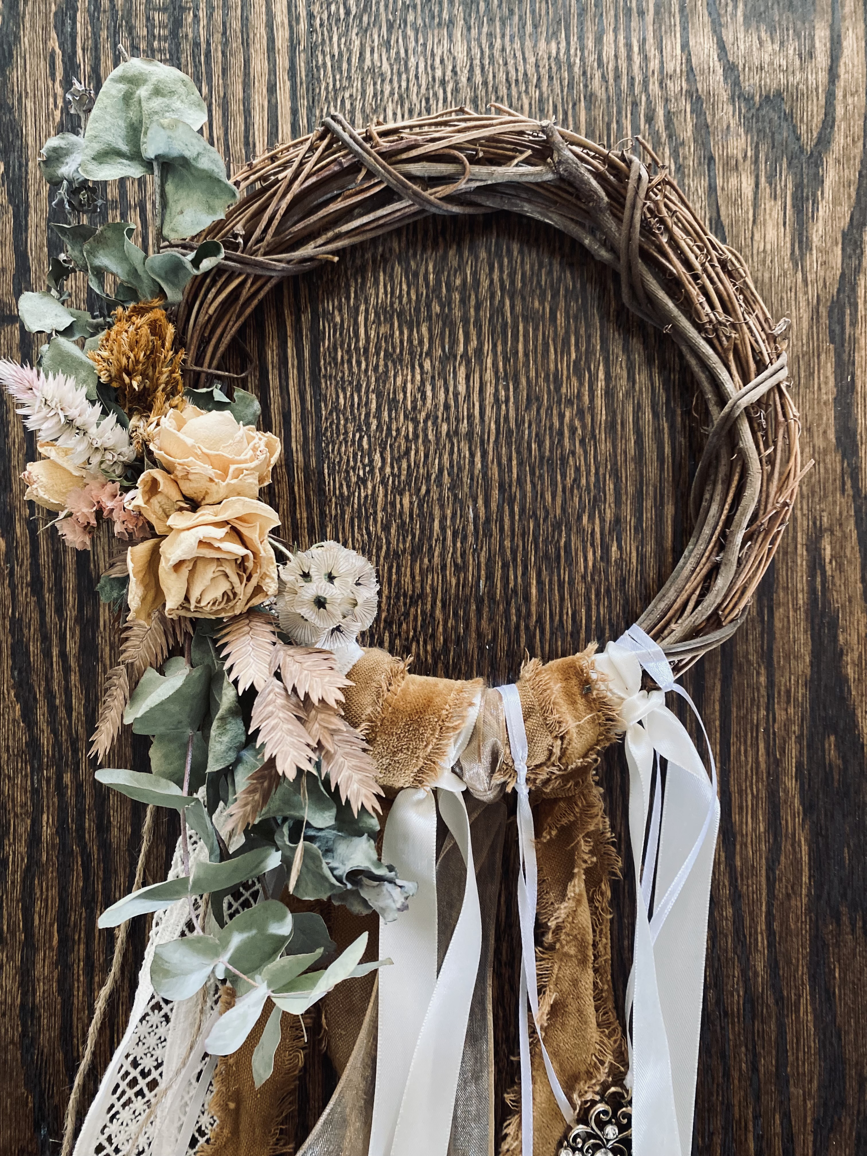 Grapevine Wreath with Ribbon + Dried Flowers