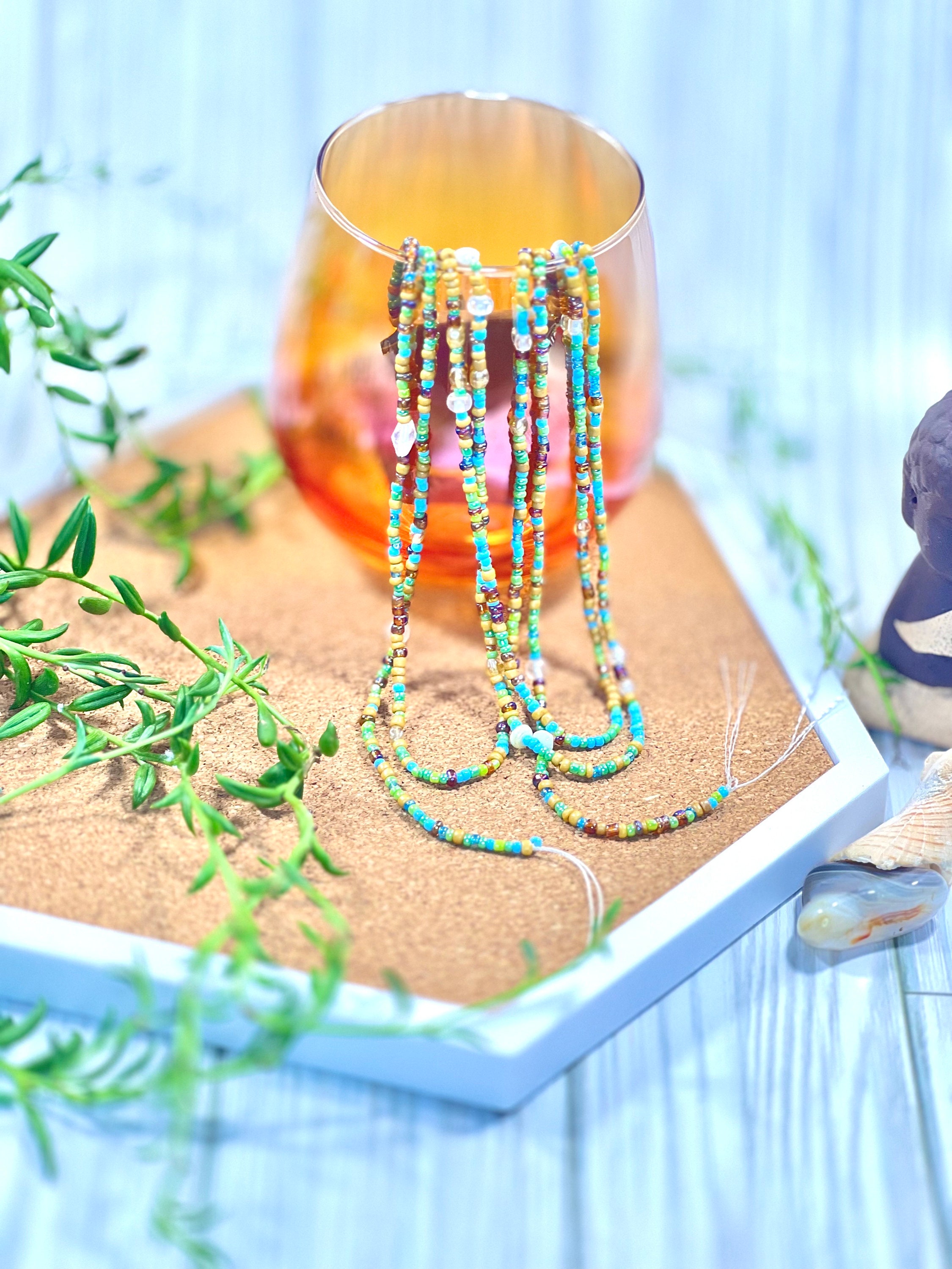 Earth Mother Waist Beads in Browns, Greens, Teal, and Blues in 45 and 60 inch Strands