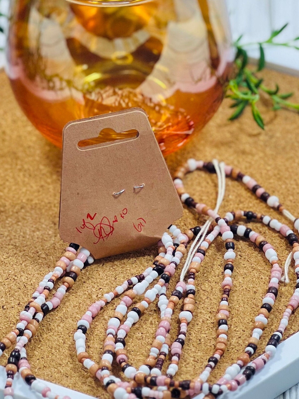 Rooted to Bloom - Earth-Toned African Waist Beads (Brown, White & Pink) – Tie-On, 45” or 60”