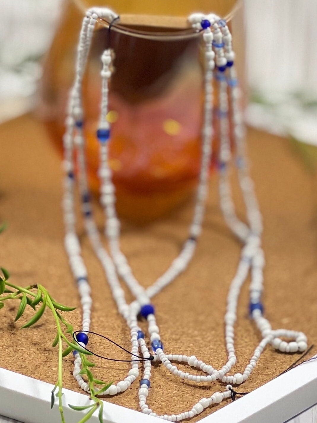 White and Shades of Blue Permanent African Tie-On Waist Beads 