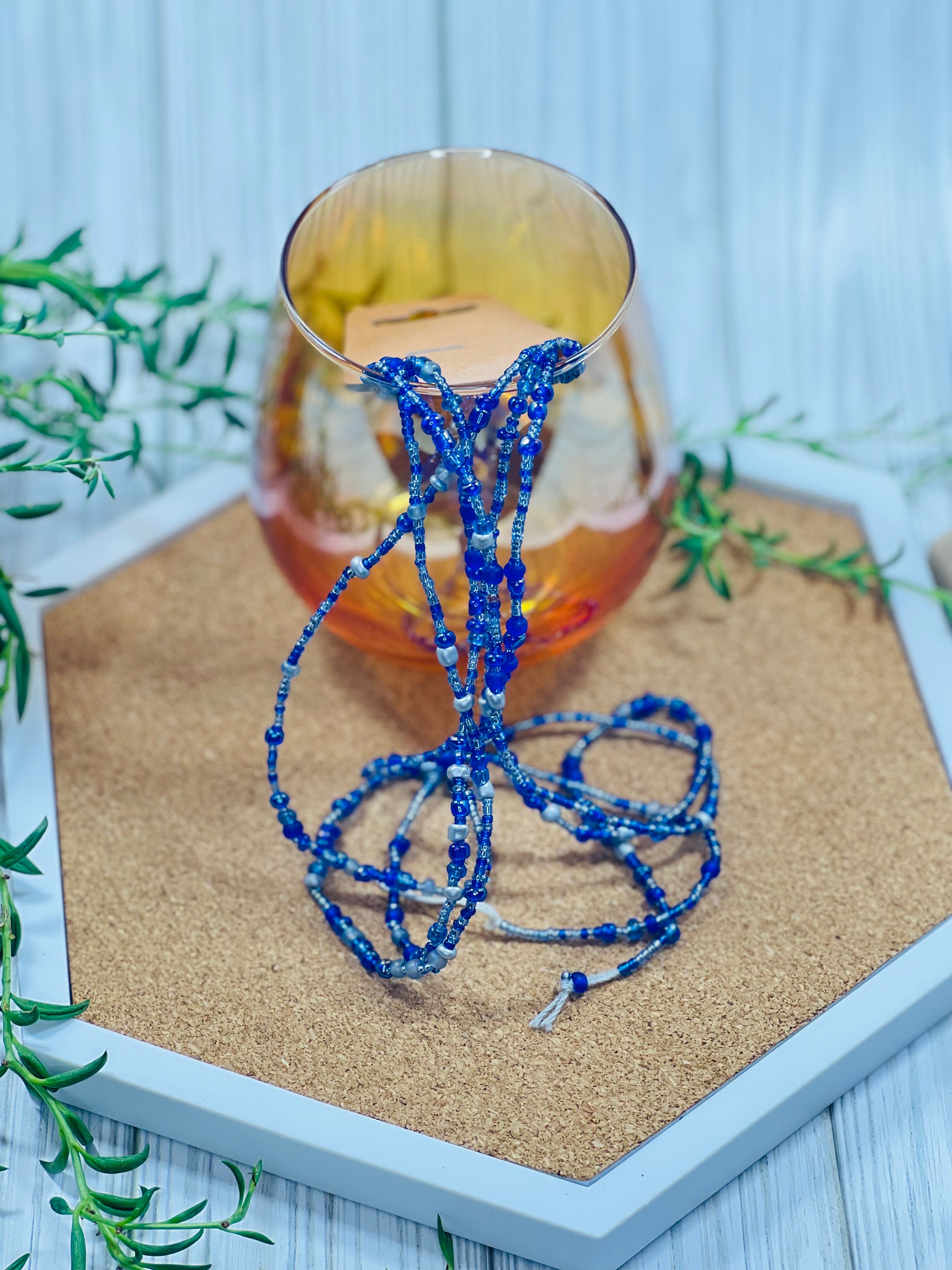 Limited Edition Blues and Silver Tie-On Festival Jewelry Waist Beads
