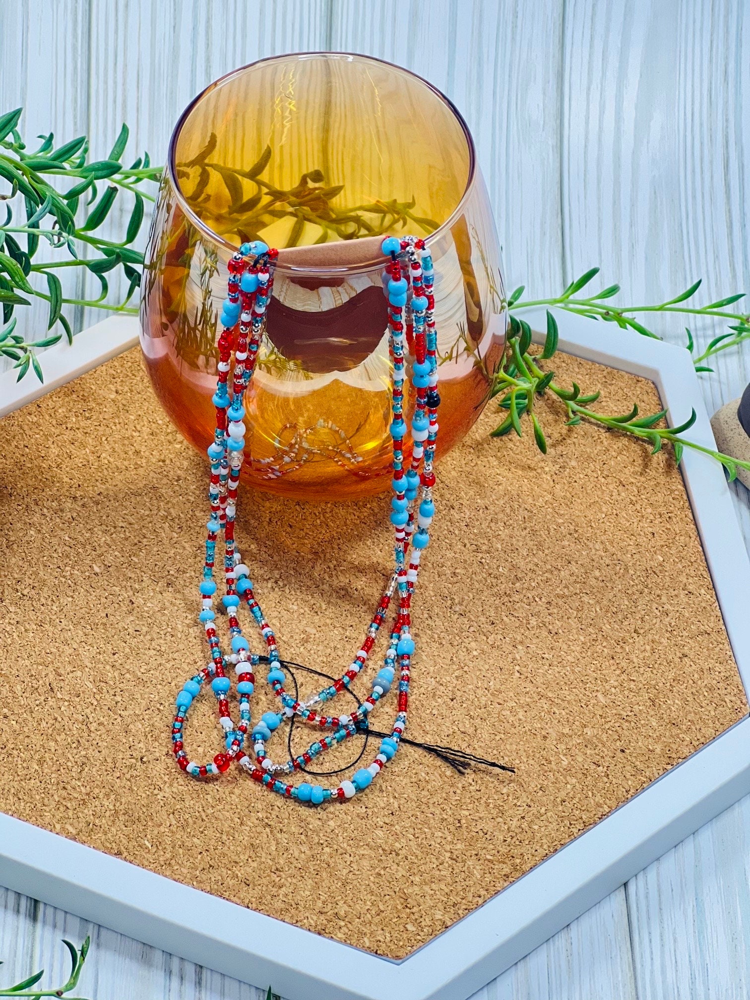 Red, Sky Blue, Silver and White Tie-On African Waist Beads 