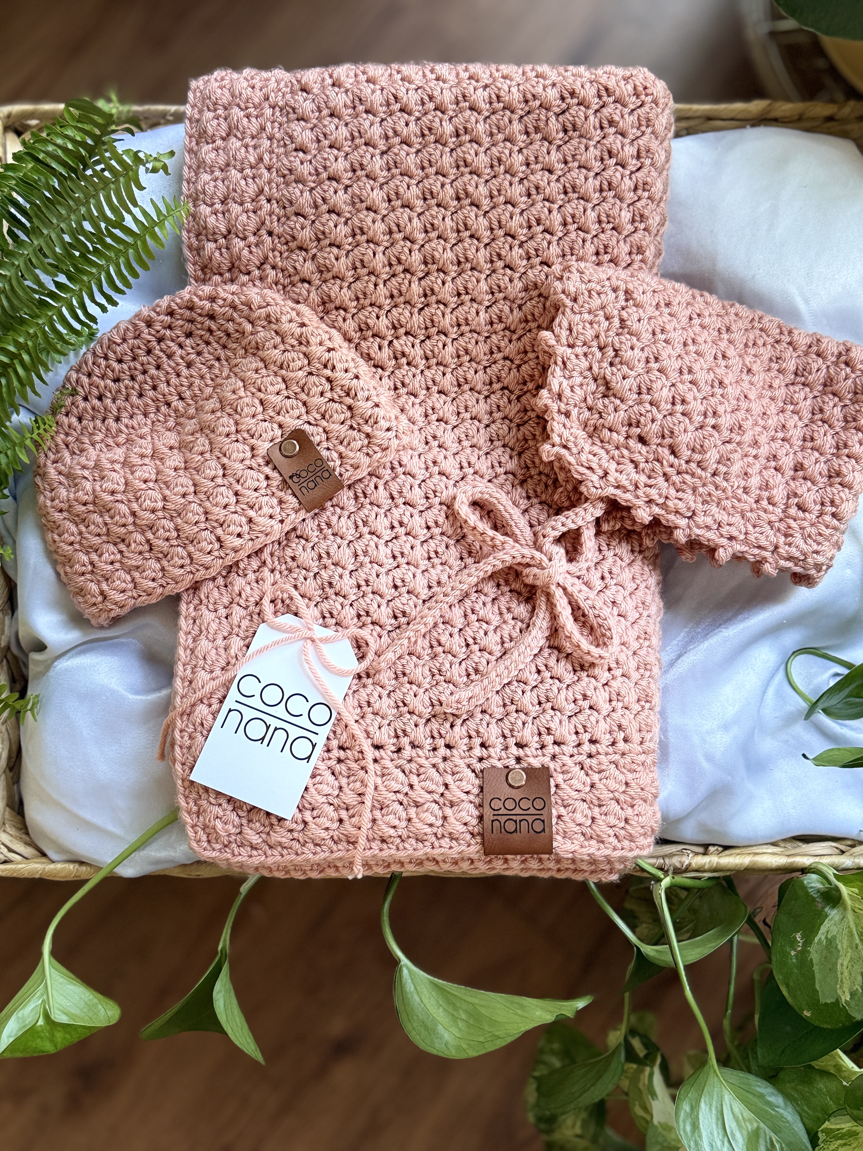 Lessard Heirloom Hand Knit Crocheted Baby Gift Set ~ Blanket, bonnet and Hat in Cherry Blossom