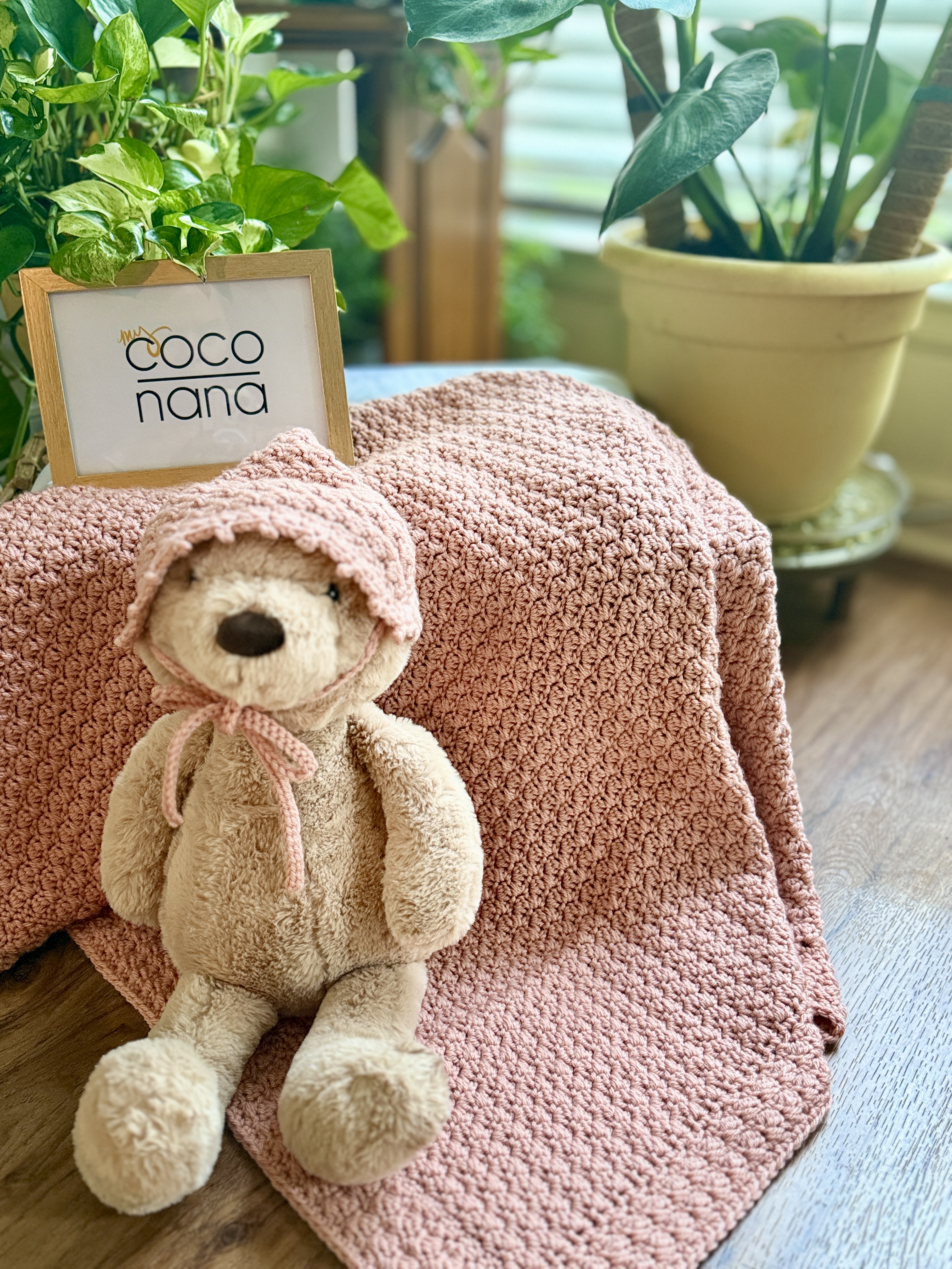 Lessard Heirloom Hand Knit Crocheted Baby Gift Set ~ Blanket, bonnet and Hat in Cherry Blossom