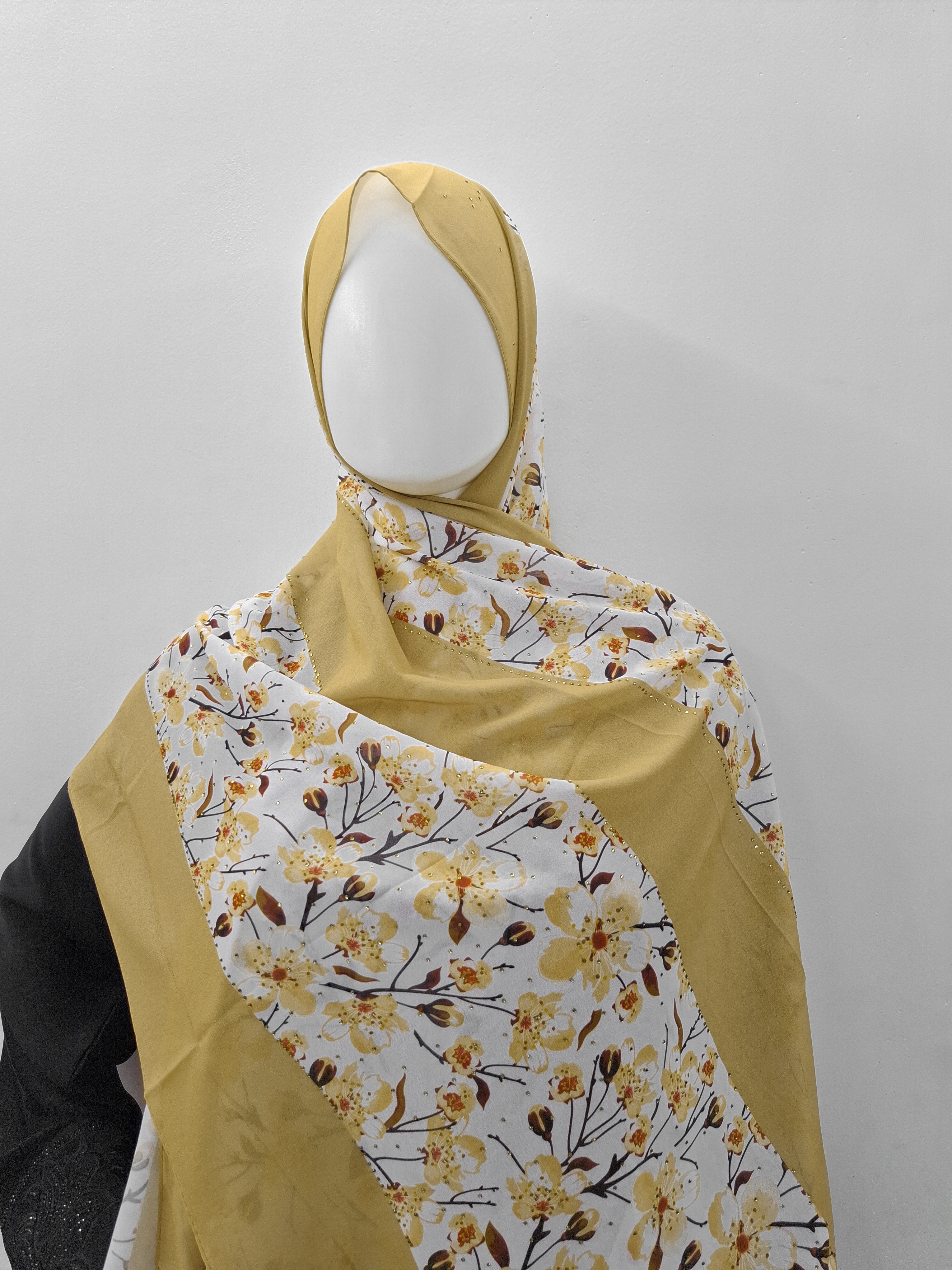  Mustard Floral Hijab with Stone Detailing