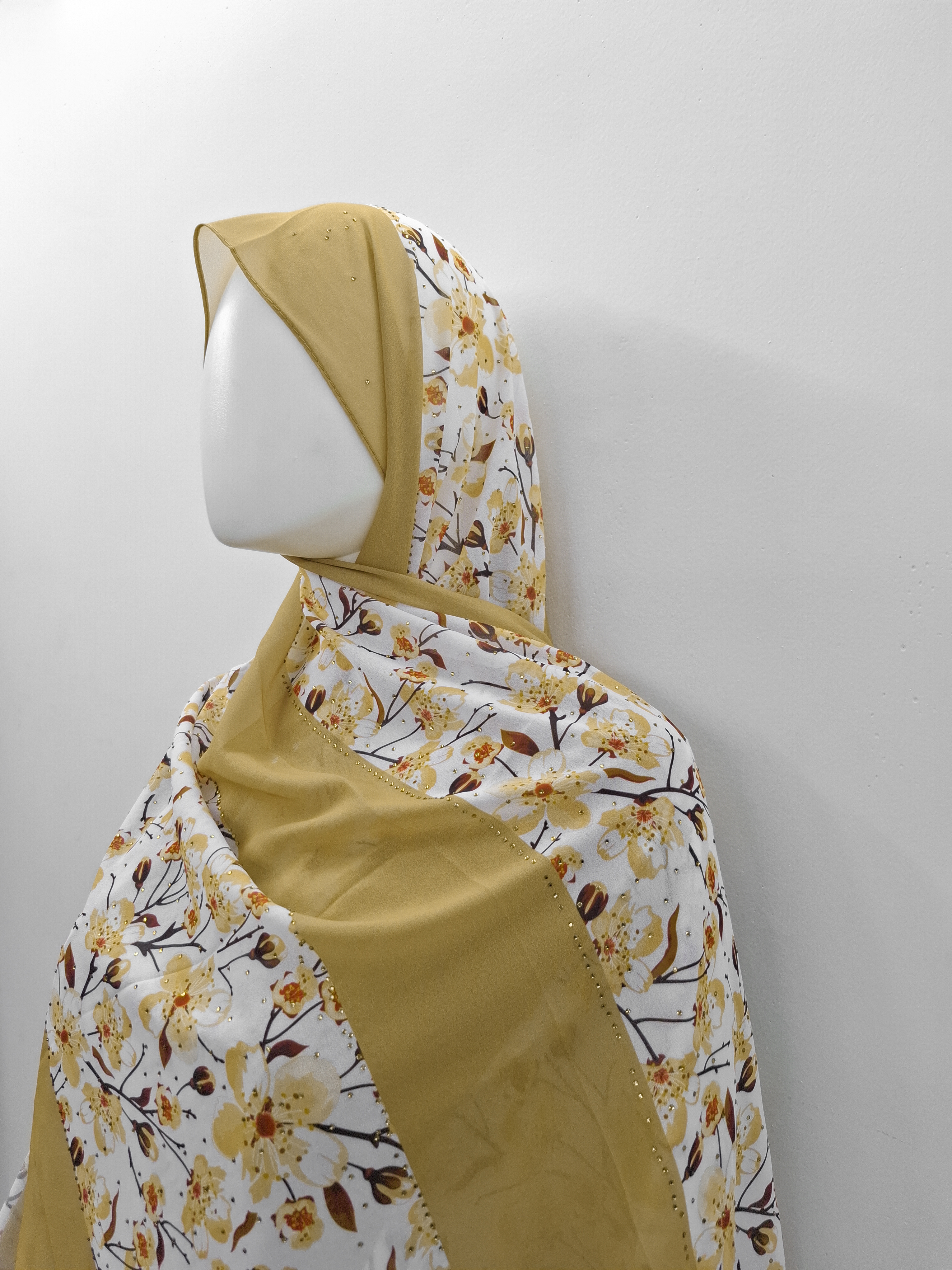  Mustard Floral Hijab with Stone Detailing